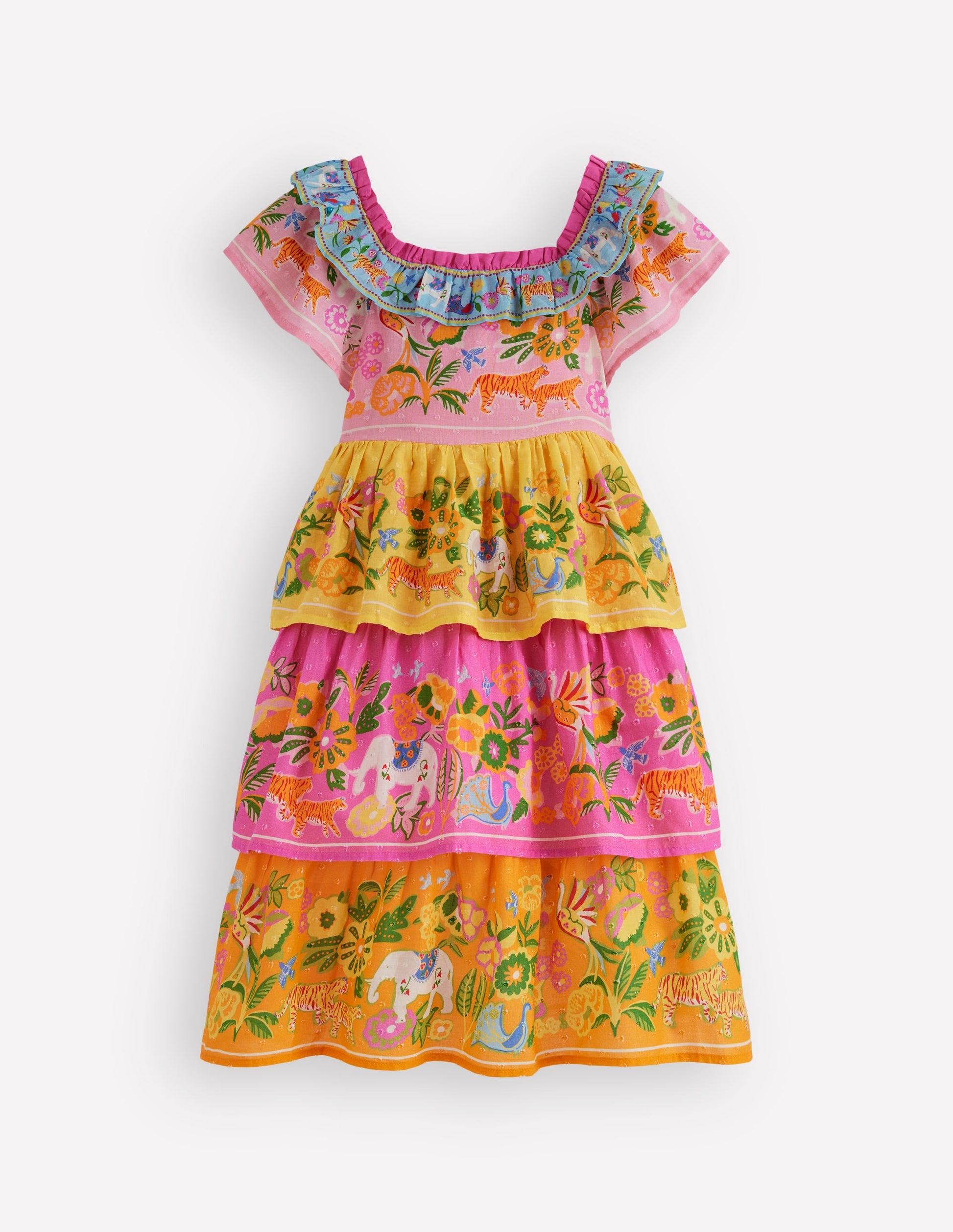 Tiered Ruffle Woven Dress-Sunflower Yellow Jungle Animal-1