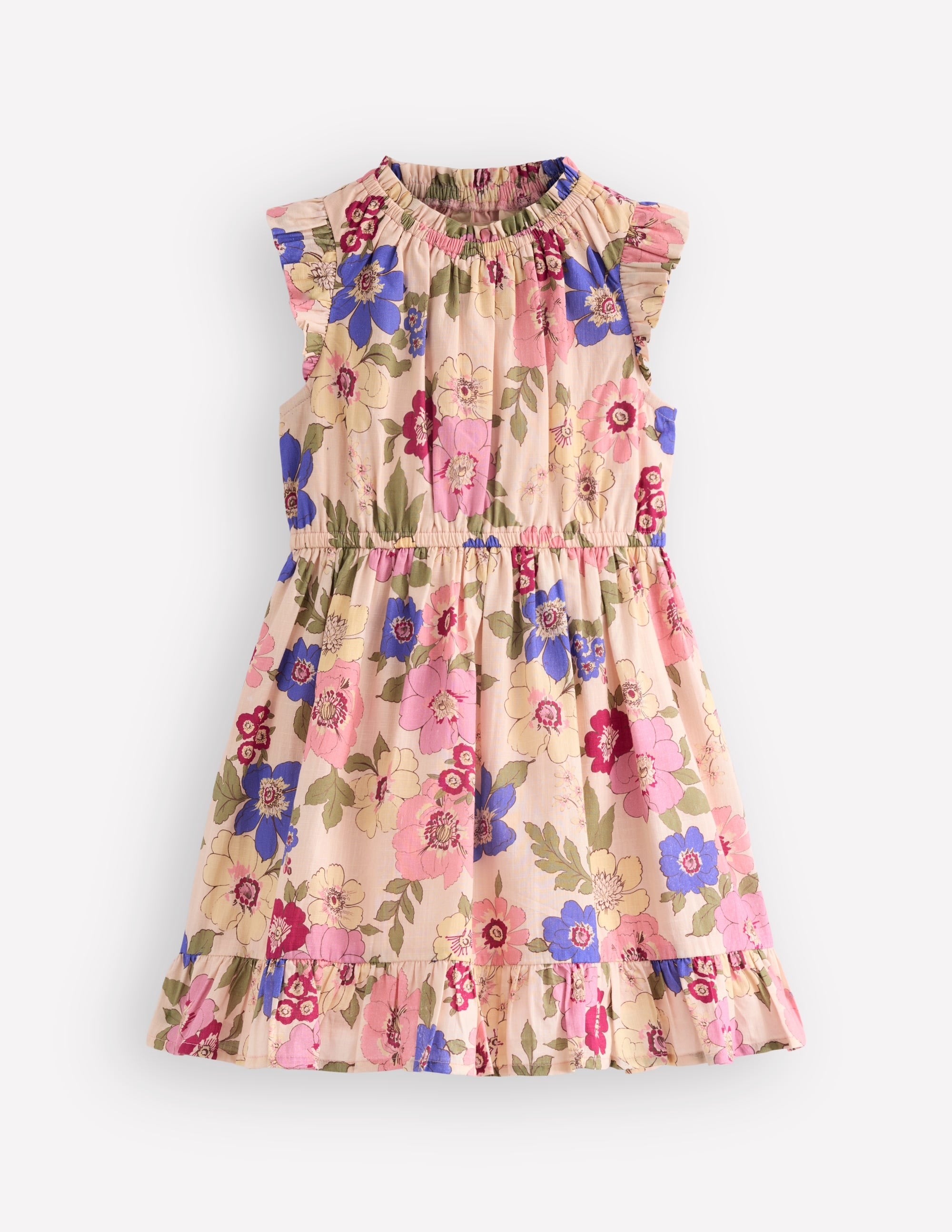 Gathered Woven Dress-Blooming Pink Floral Bloom - Image 1