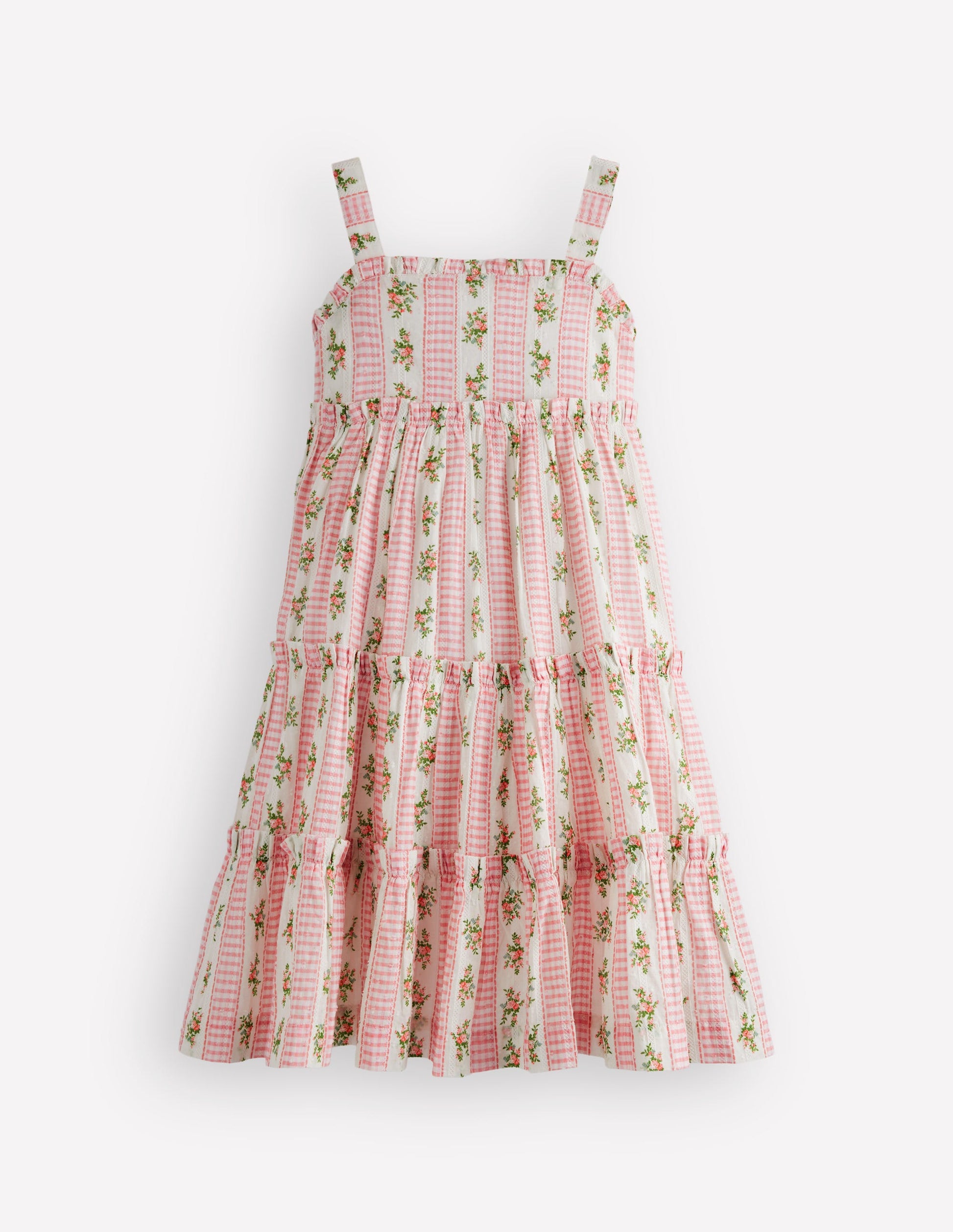 Tiered Midi Sundress-Soft Ivory Gingham Floral-1