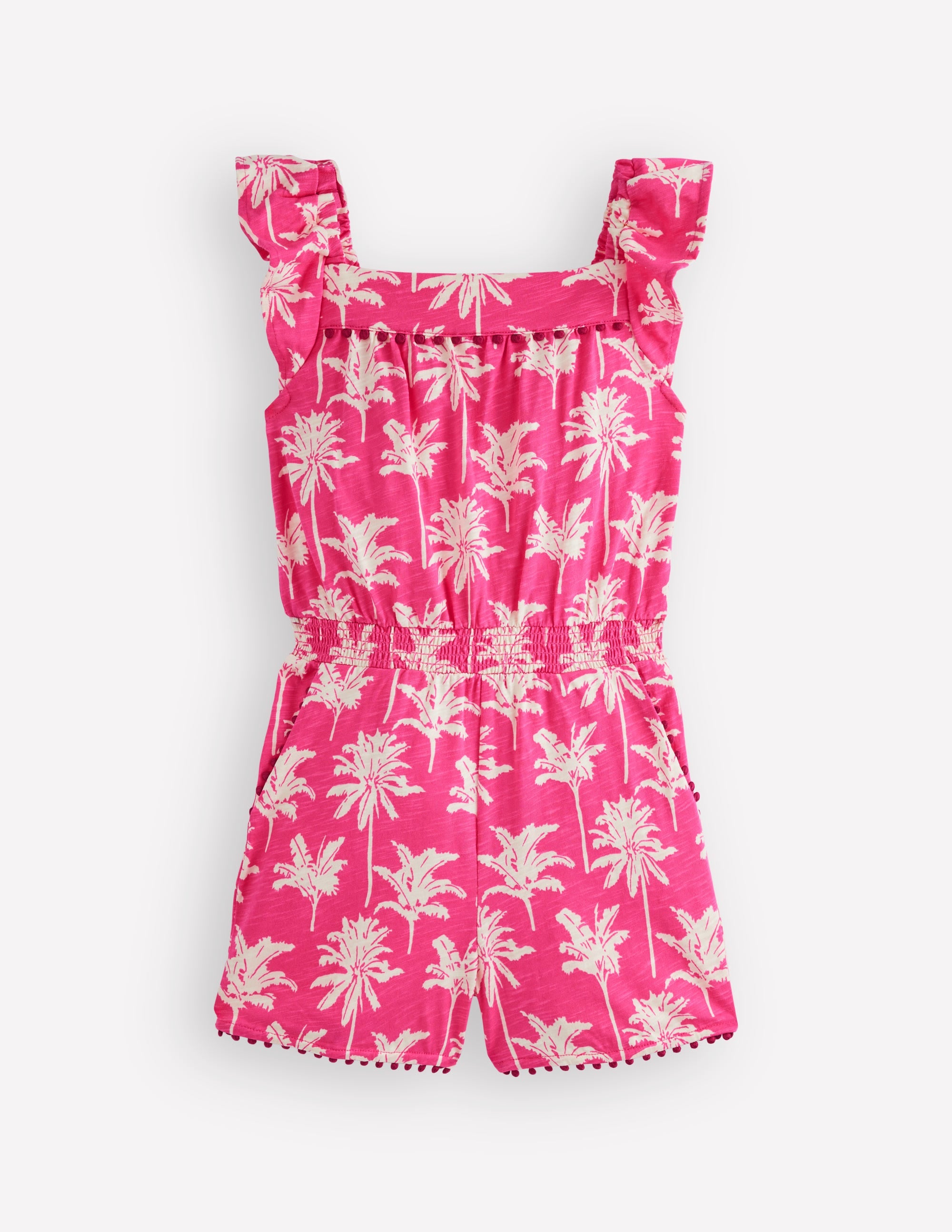 Ciara Pom Trim Jersey Playsuit-Pink Palm Trees - Image 1