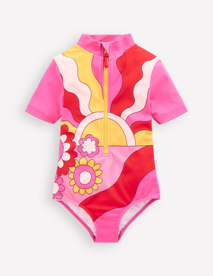 Short Sleeve Swimsuit-Cinnamon Red Sixties Sunrise-1