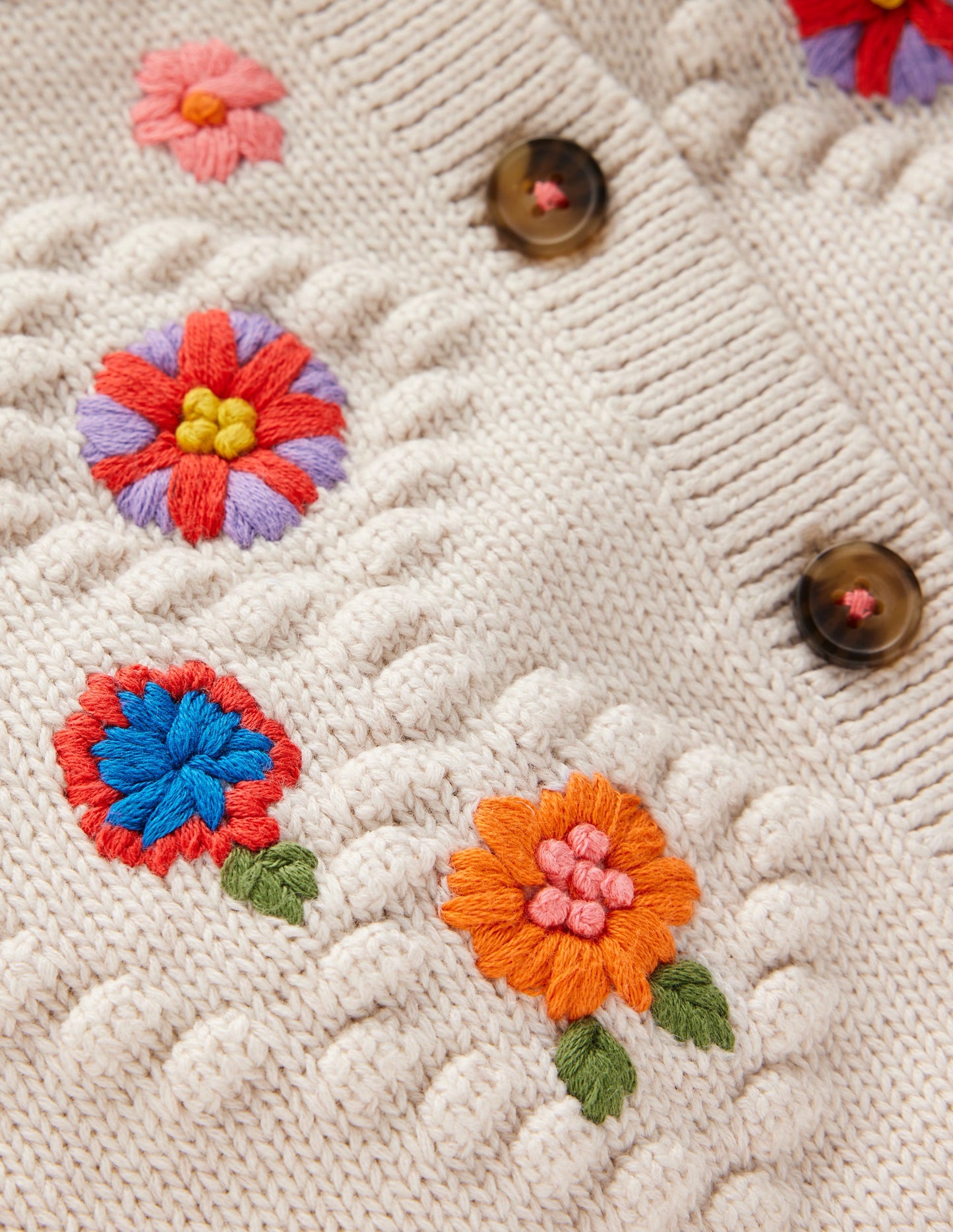 Cotton Embroidered Cardigan-Ecru Marl Flowers