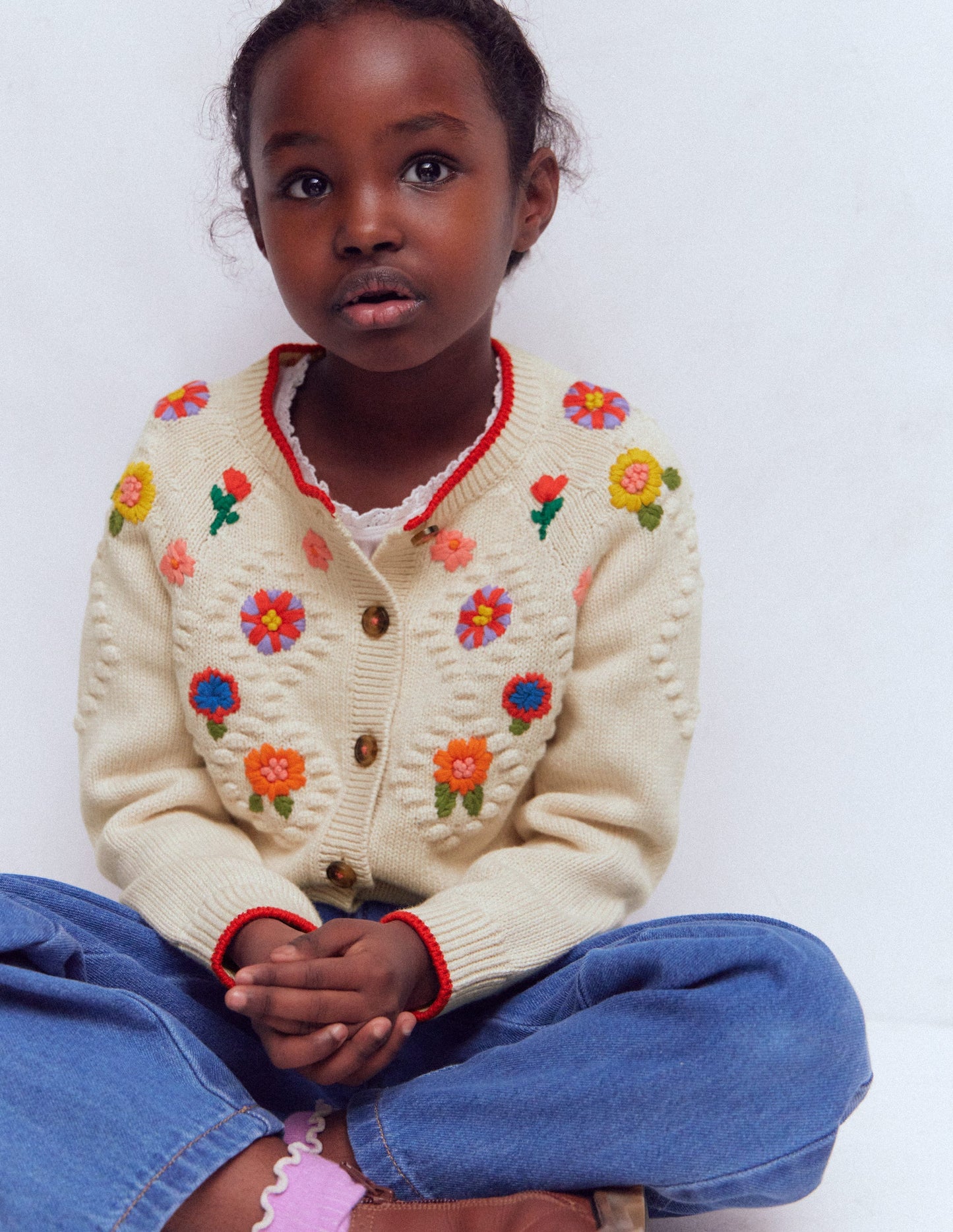 Cotton Embroidered Cardigan-Ecru Marl Flowers