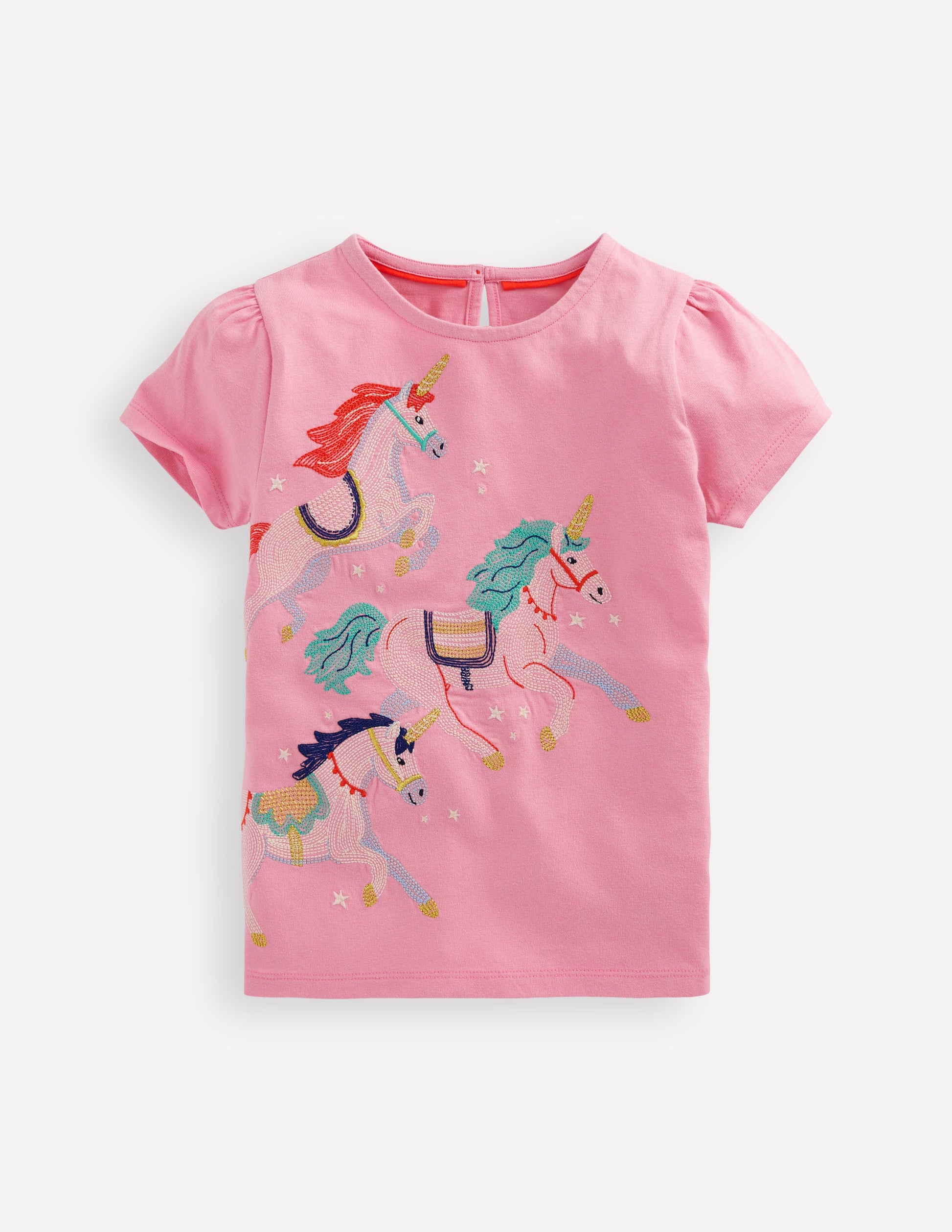 Puff Sleeve Superstitch Top-Pink Unicorns-1