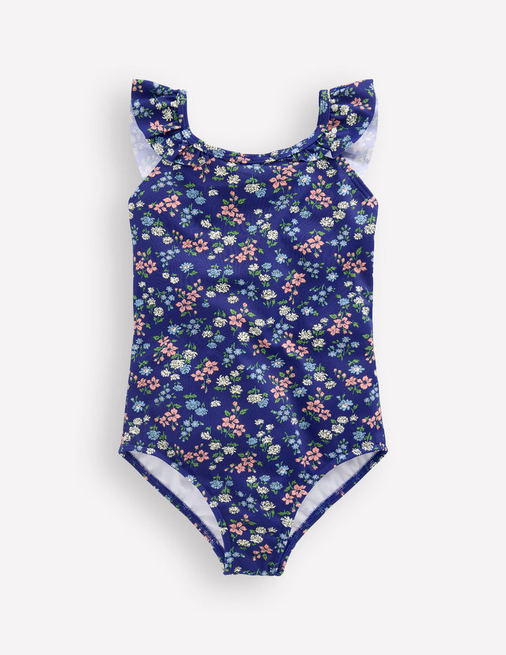 Hallie Frill Strap Swimsuit-Sapphire Blue Meadow Floral