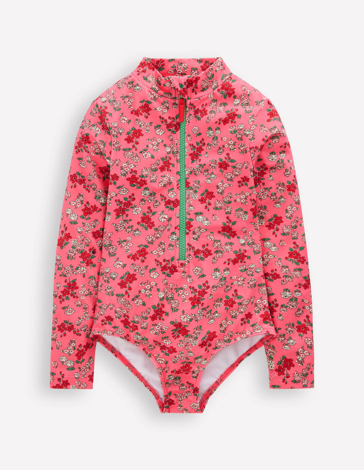Long-Sleeved Swimsuit-Salmon Pink Meadow Floral