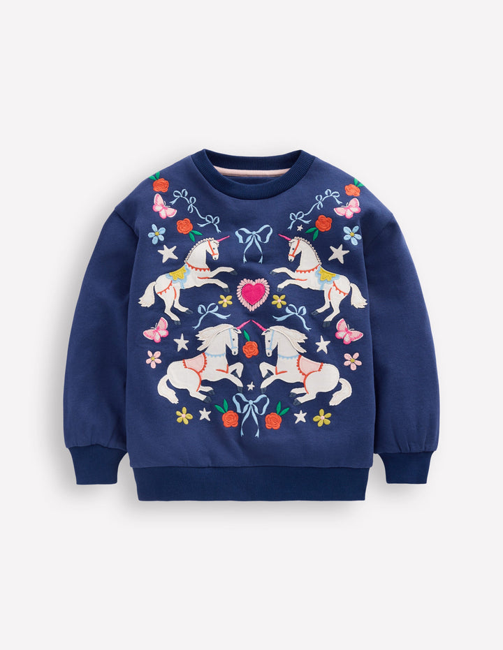 Bobbie Appliqué Sweatshirt-Navy Unicorns