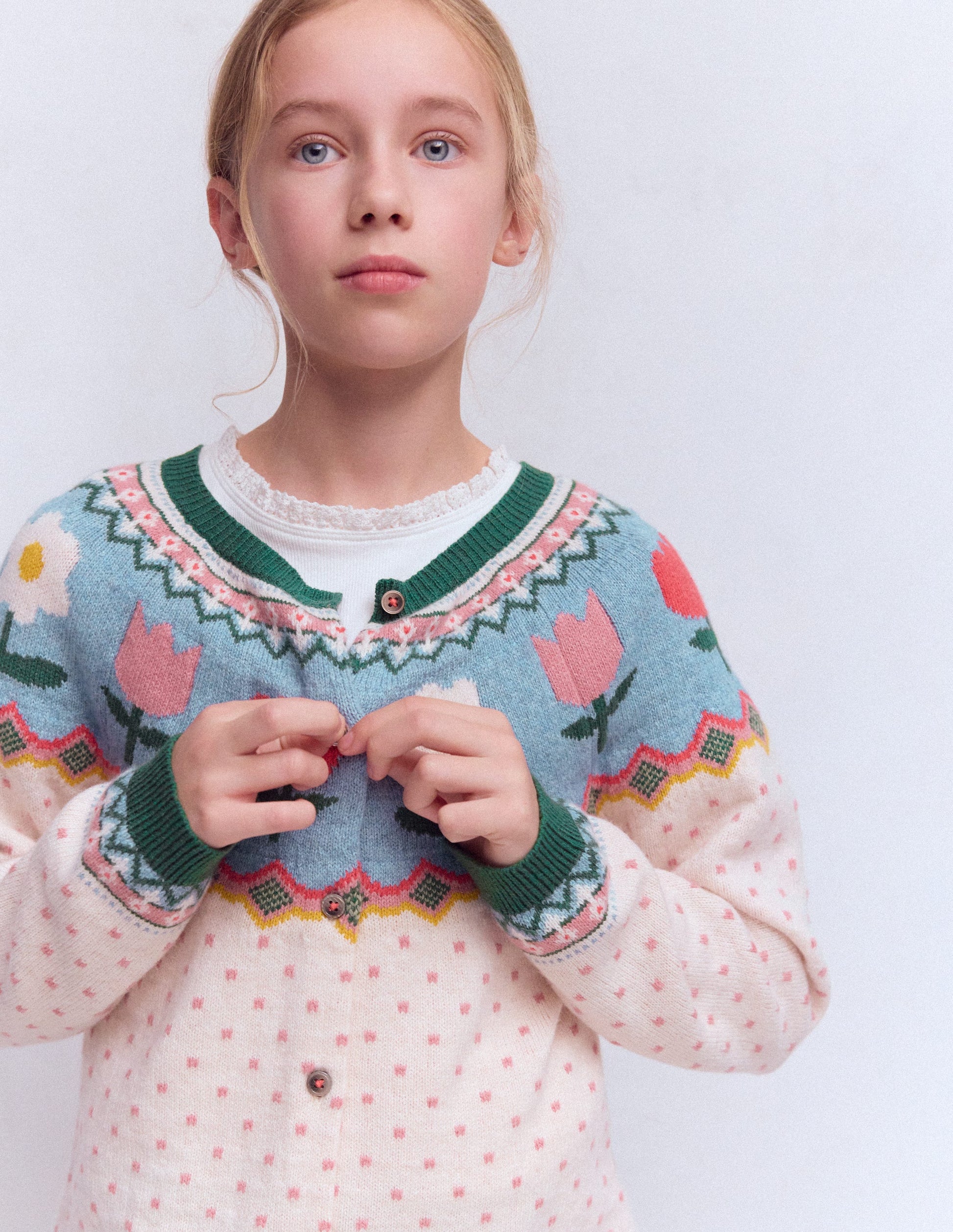 Edie Fair Isle Cardigan-Ecru Marl Spot FLowers-2