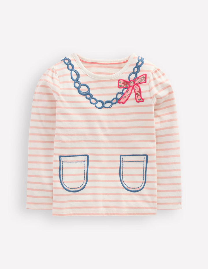 Puff Sleeve Appliqué  T-shirt-Lotus Necklace Stripe