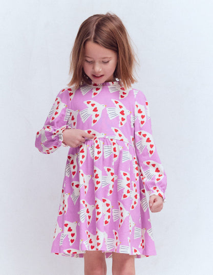 Blouson Sleeve Jersey Dress-Pale Pansy Love Birds-1