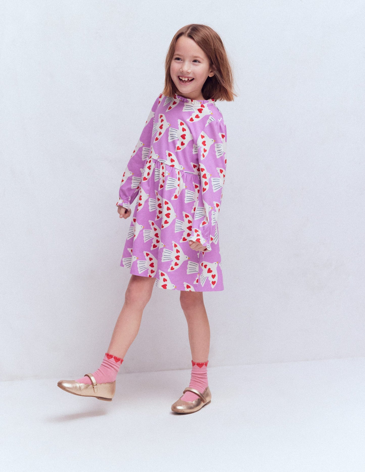 Blouson Sleeve Jersey Dress-Pale Pansy Love Birds