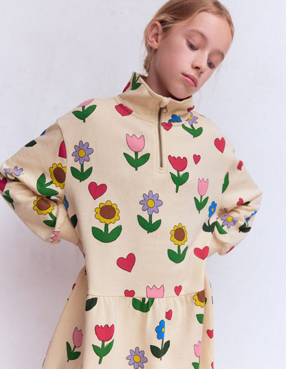 Half Zip Sweat Dress-Calico White Sunflower Garden-1