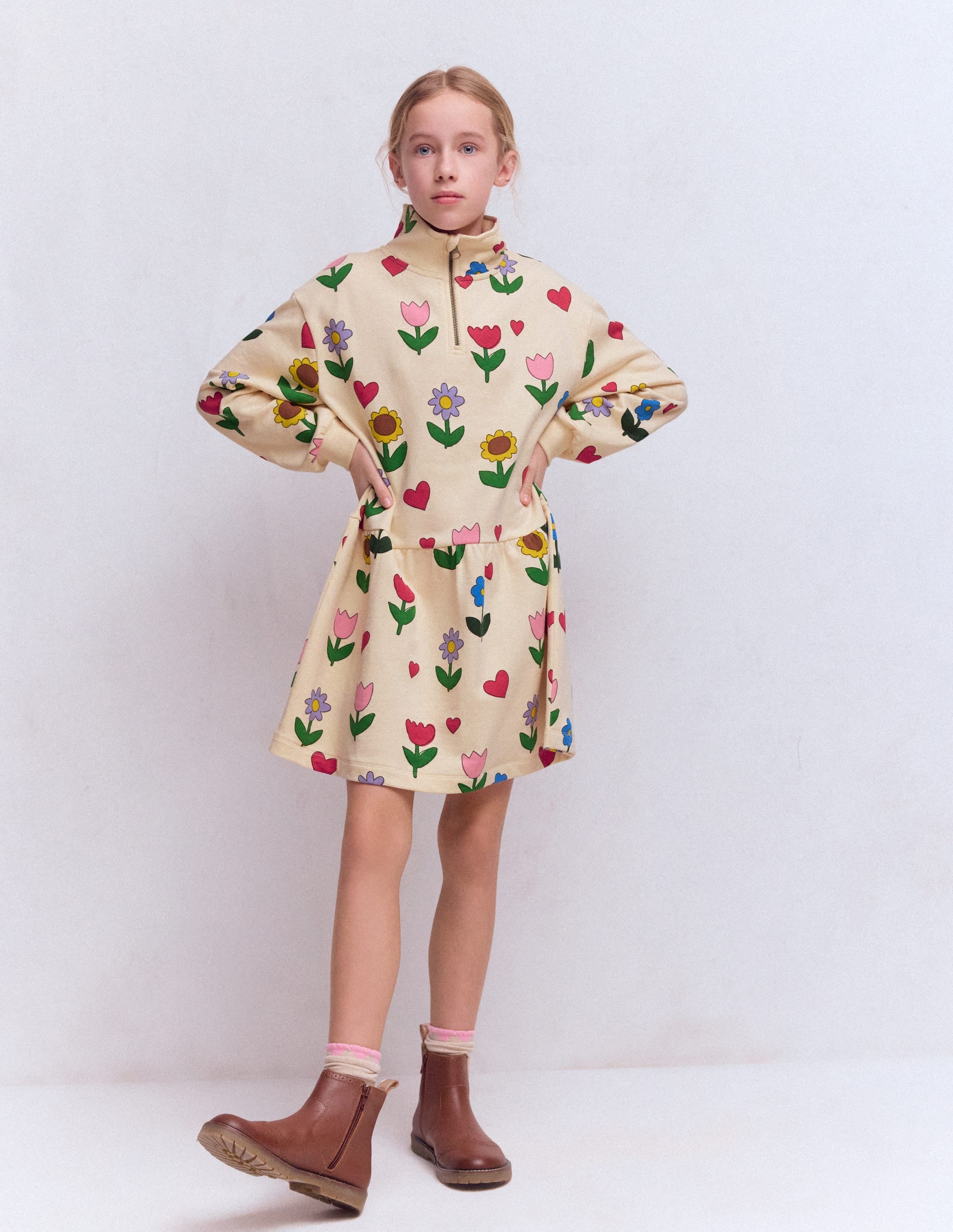 Half Zip Sweat Dress-Calico White Sunflower Garden | Boden Global