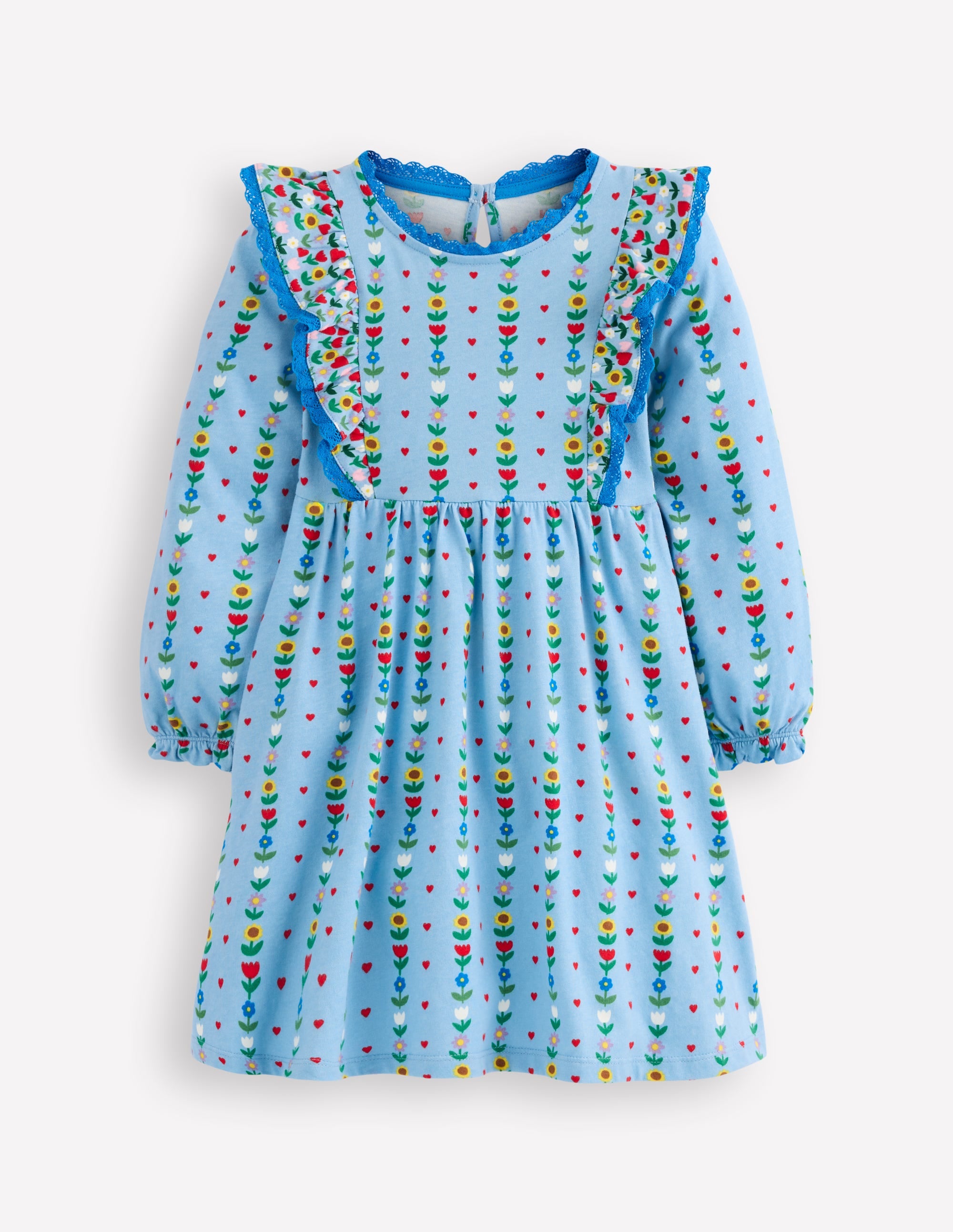 Long Sleeve Ruffle Dress-Glacier Blue Garden Stripe - Image 1
