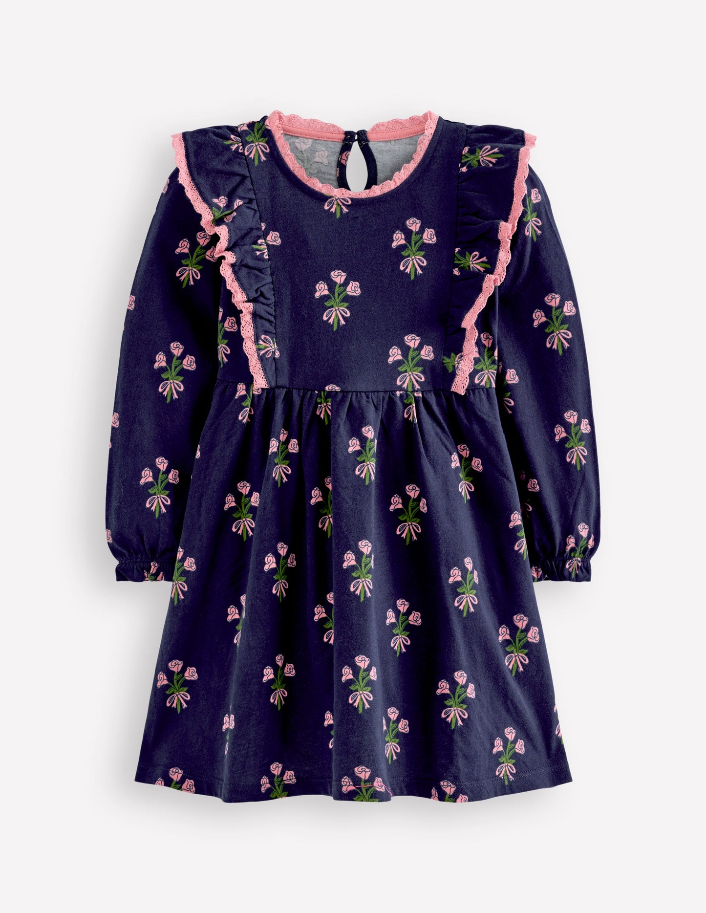 Long Sleeve Ruffle Dress-College Navy Posy