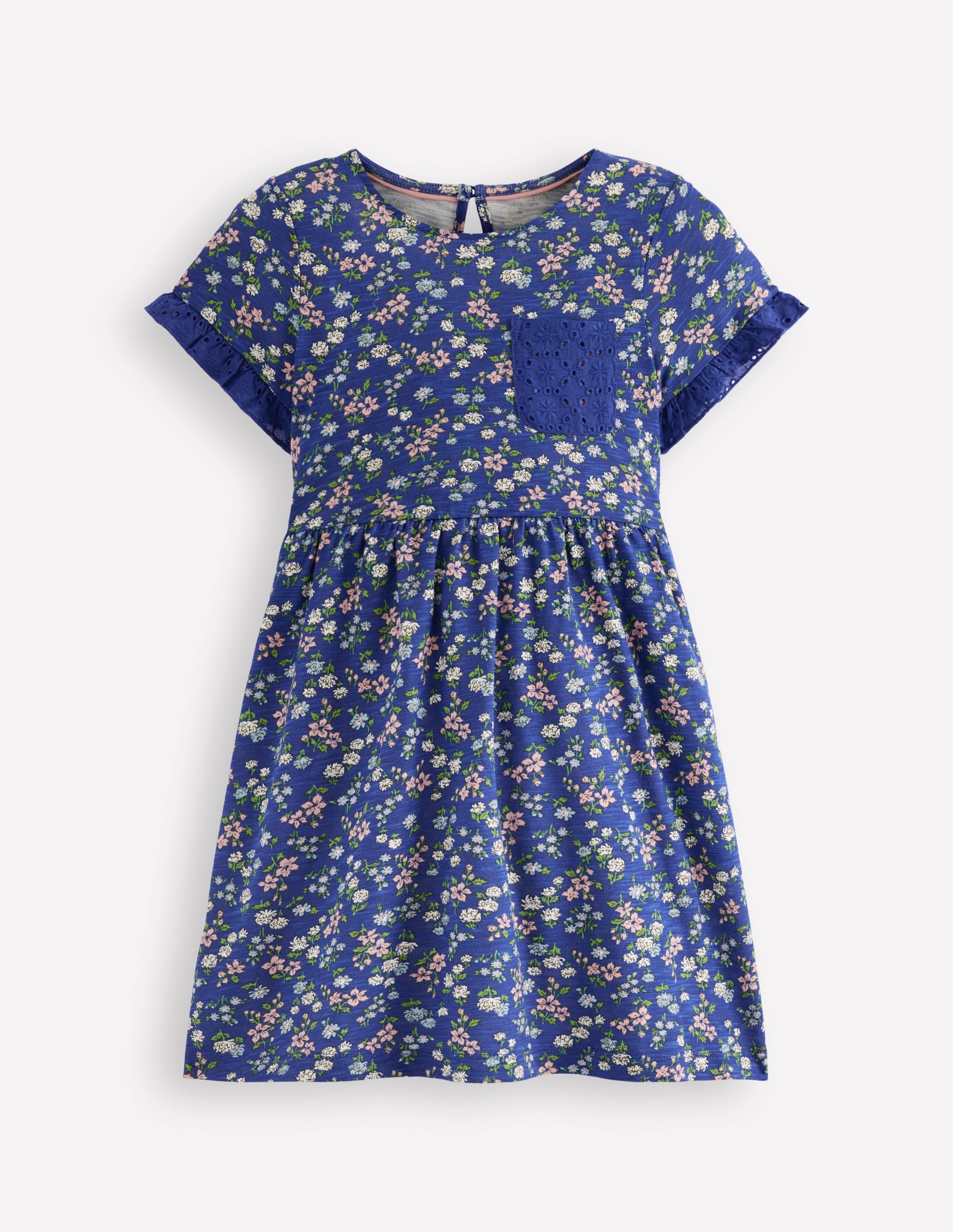 Broderie Pocket Jersey Dress-Sapphire Blue Meadow Floral - Image 1