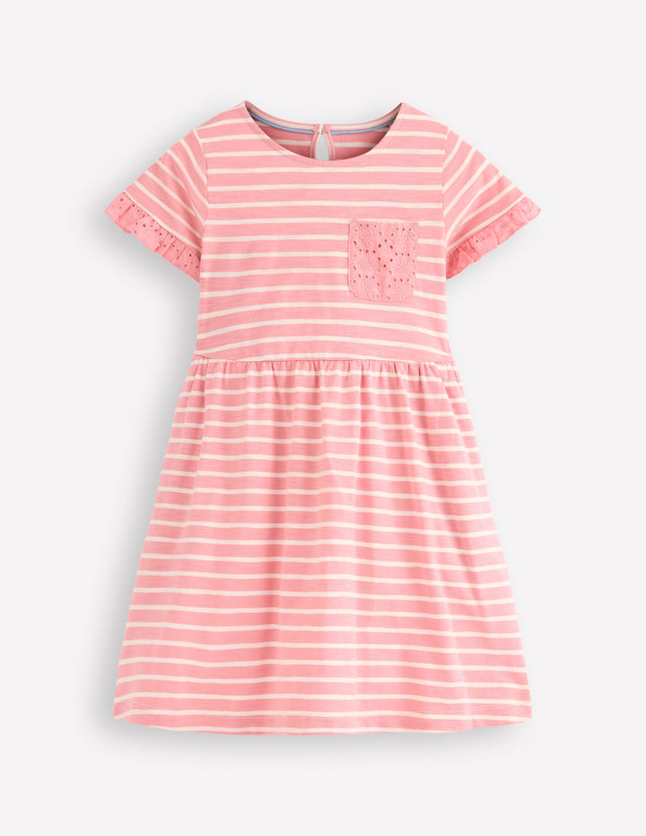 Broderie Pocket Jersey Dress-Almond Pink Stripe