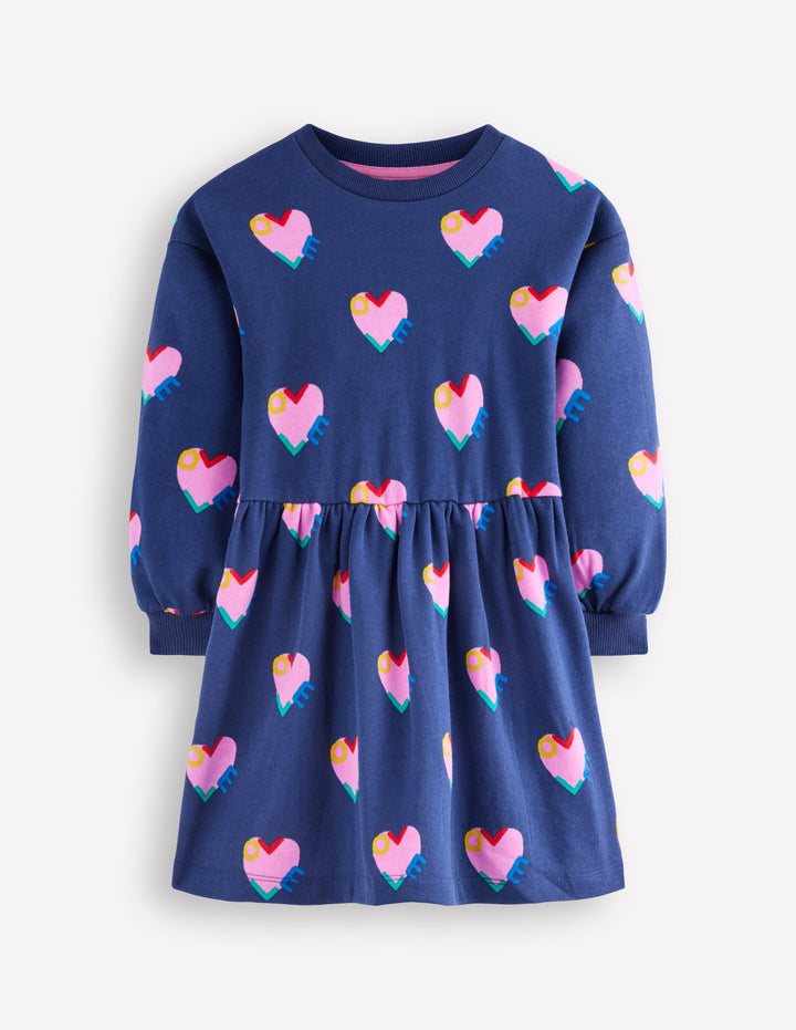 Drop Shoulder Sweat Dress-Starboard Blue Love Hearts