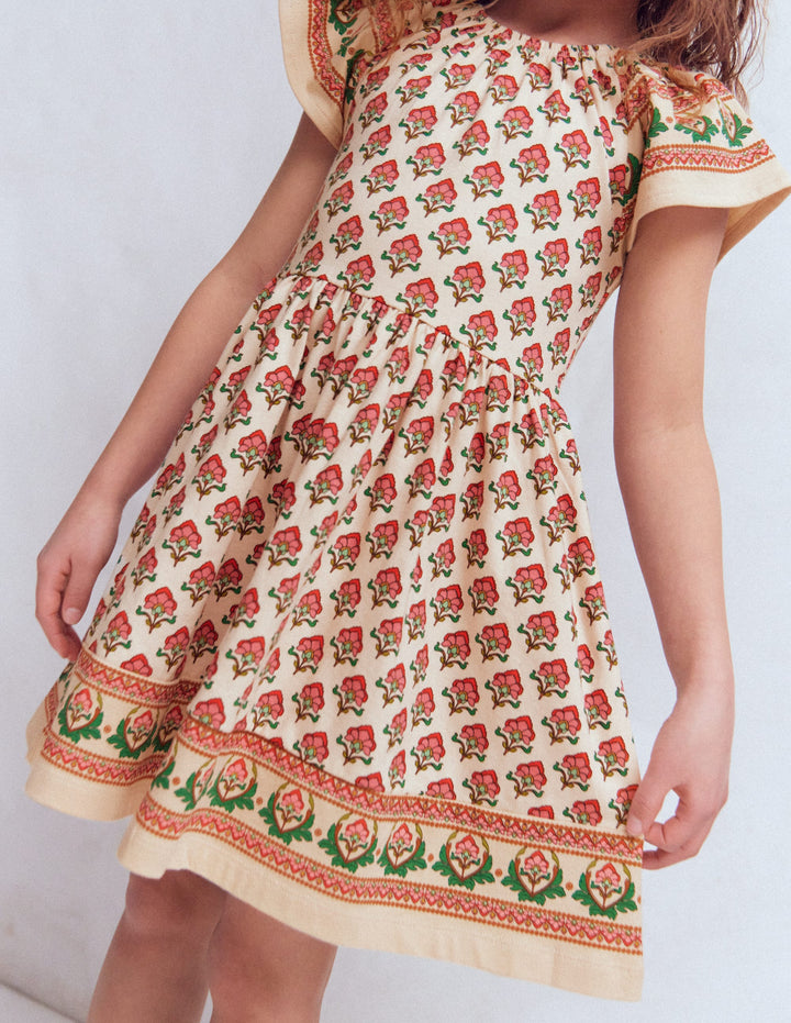 Flutter Sleeve Twirly Dress-Multi Woodblock Floral