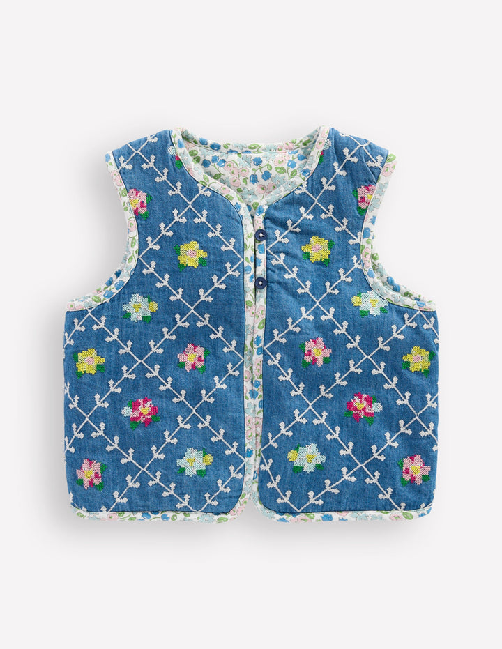 Pretty Quilted Gilet-Embroidered Denim