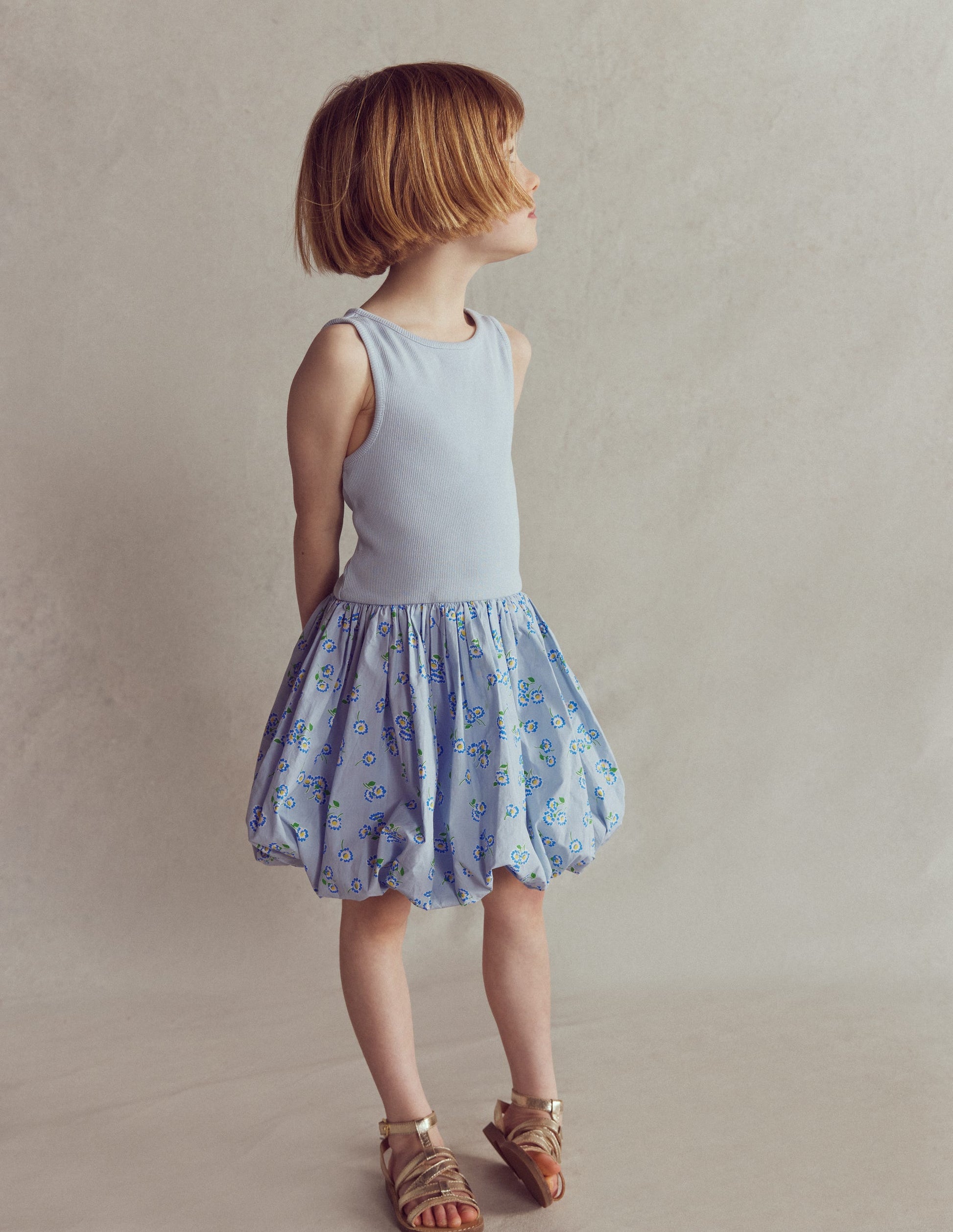 Bubble Hem Rib Dress-Misty Blue Daisy-3