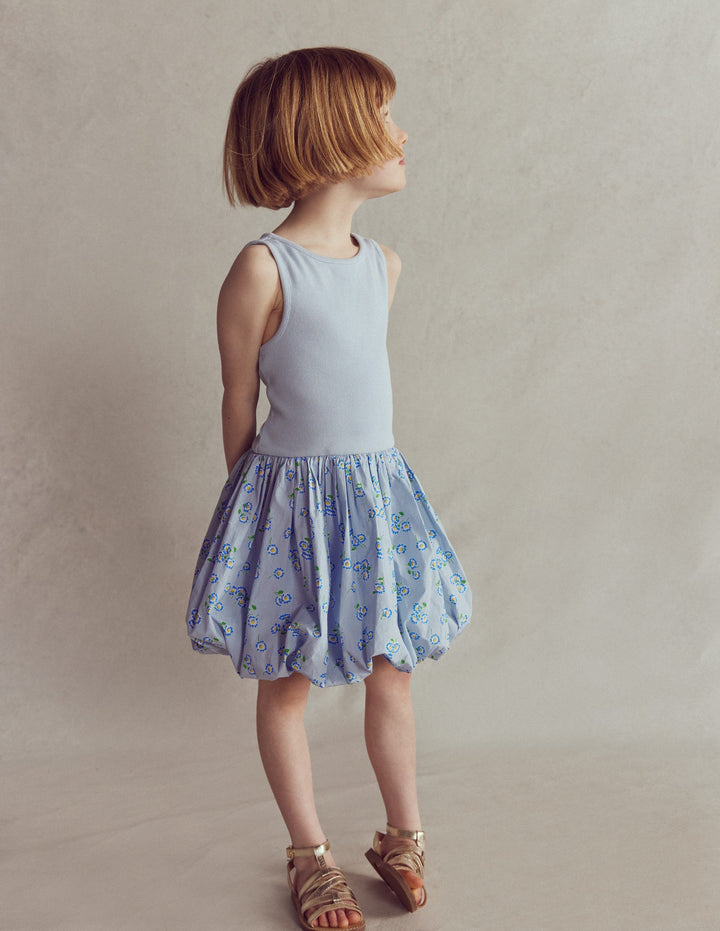 Bubble Hem Rib Dress-Misty Blue Daisy