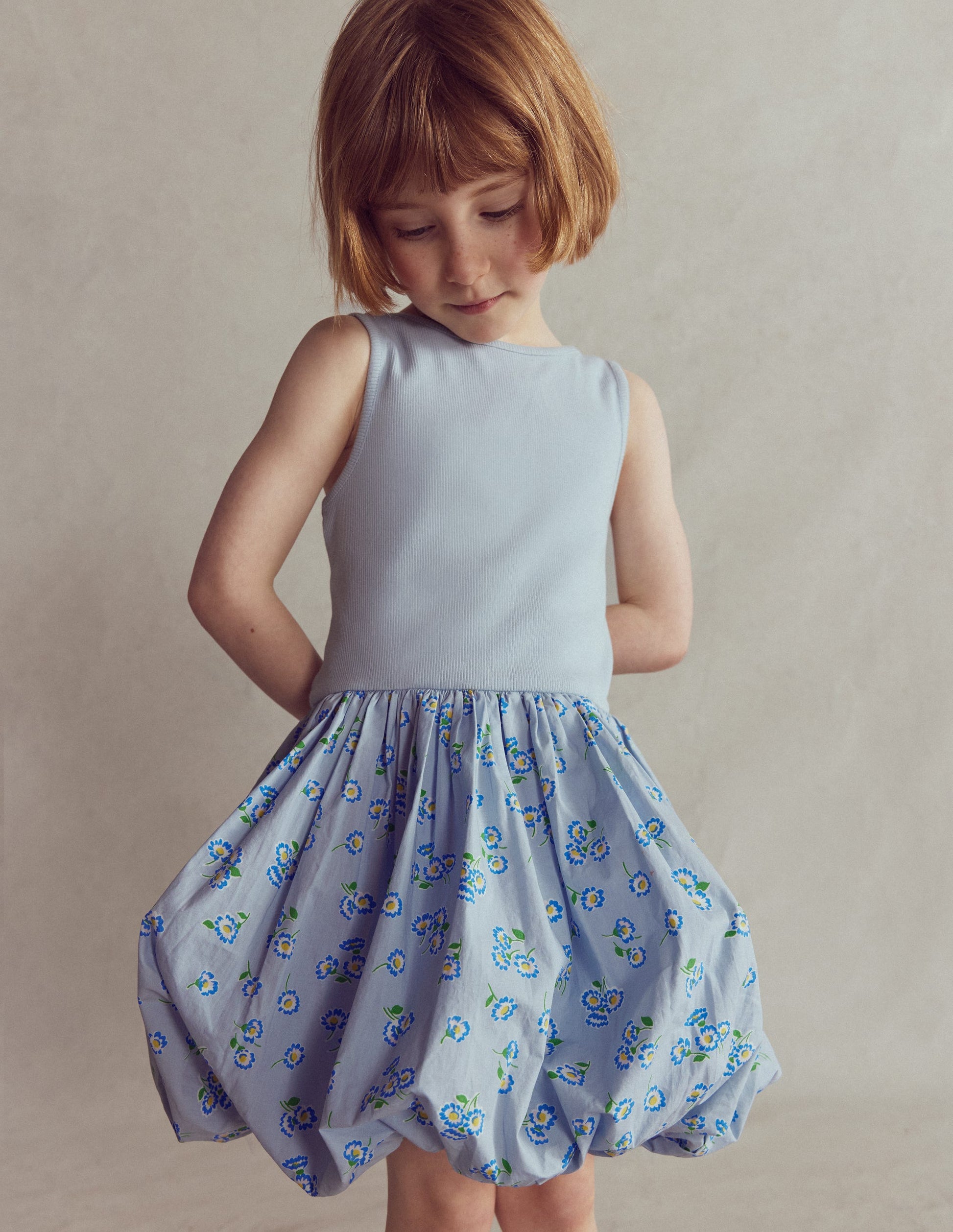 Bubble Hem Rib Dress-Misty Blue Daisy-4