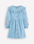 Button Through Blouson Dress-Glacier Blue