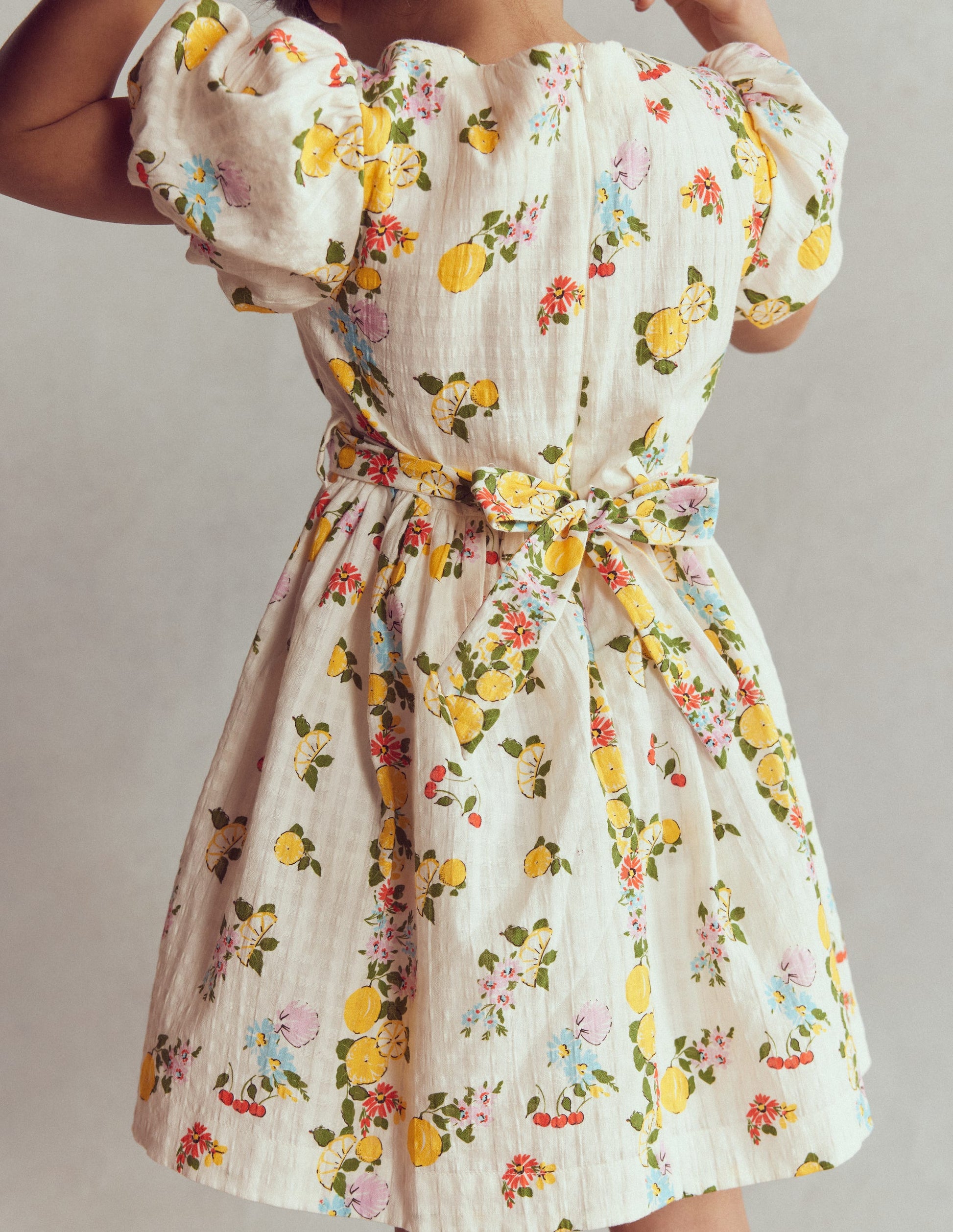 Vintage-style Sash Dress-Soft Ivory Lemon Floral-2