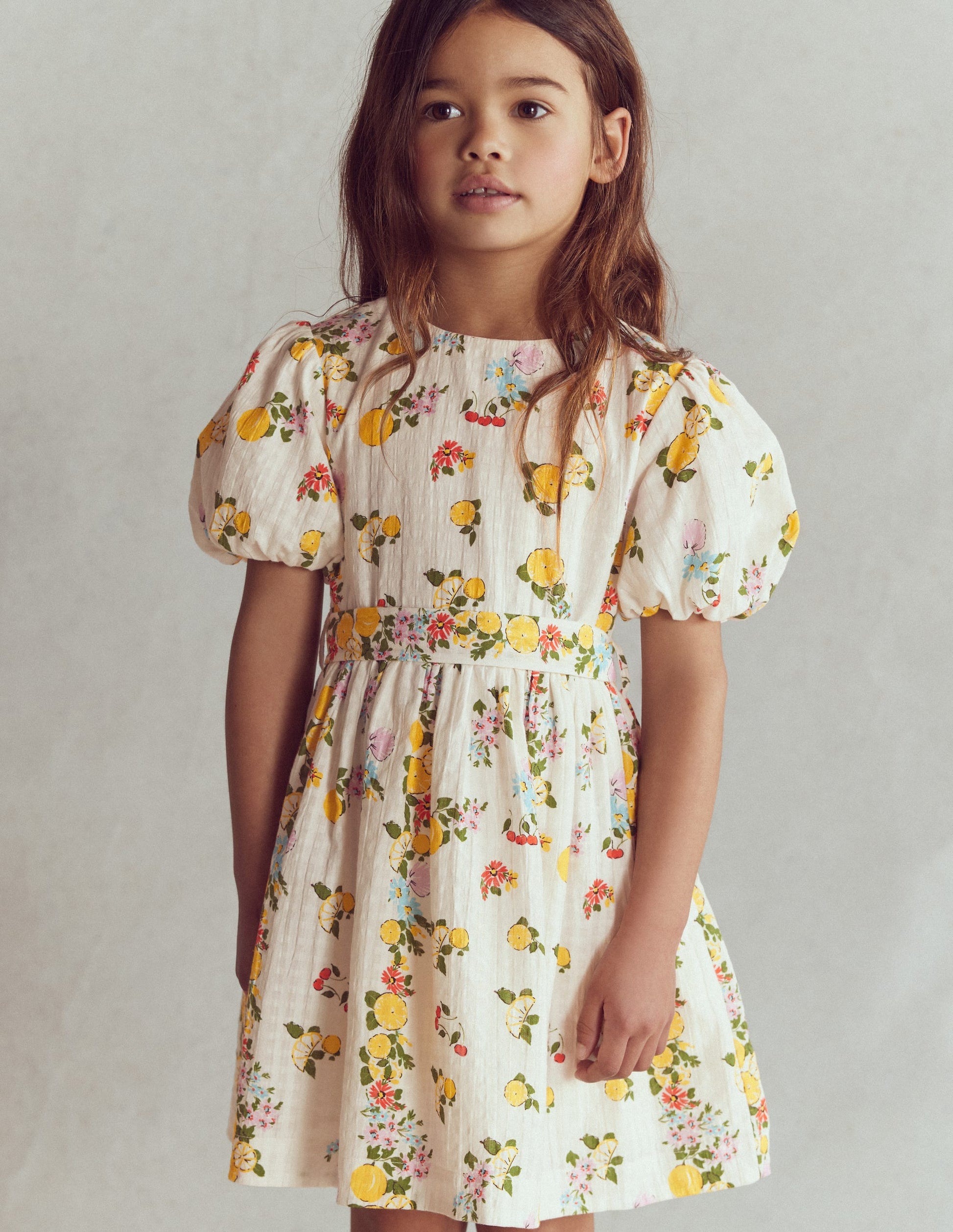 Vintage-style Sash Dress-Soft Ivory Lemon Floral-3