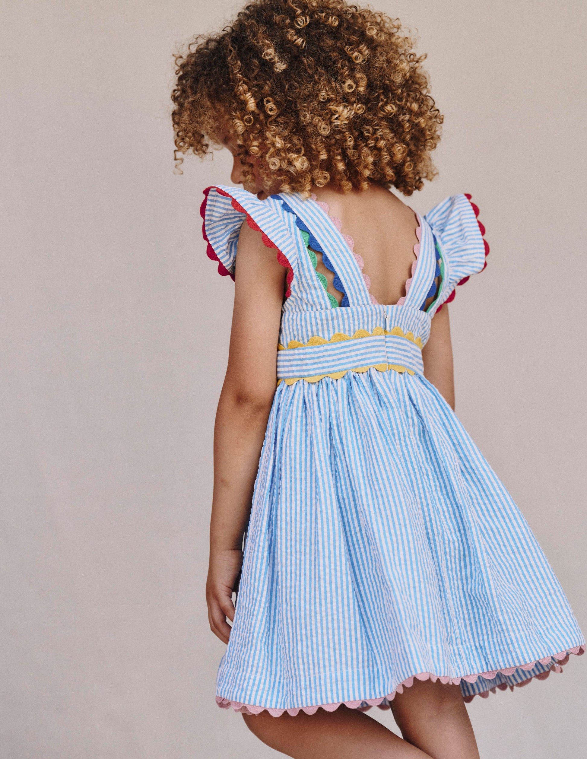 Ric Rac Trim Flutter Dress - Sapphire Blue Stripe