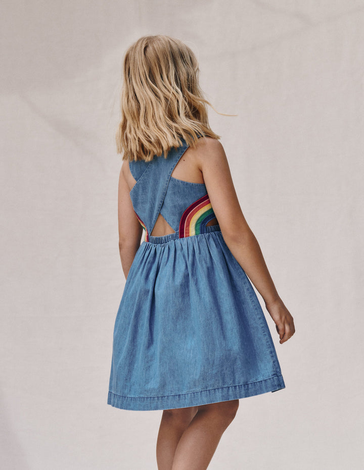 Rainbow Cross Back Dress-Light Wash Rainbow