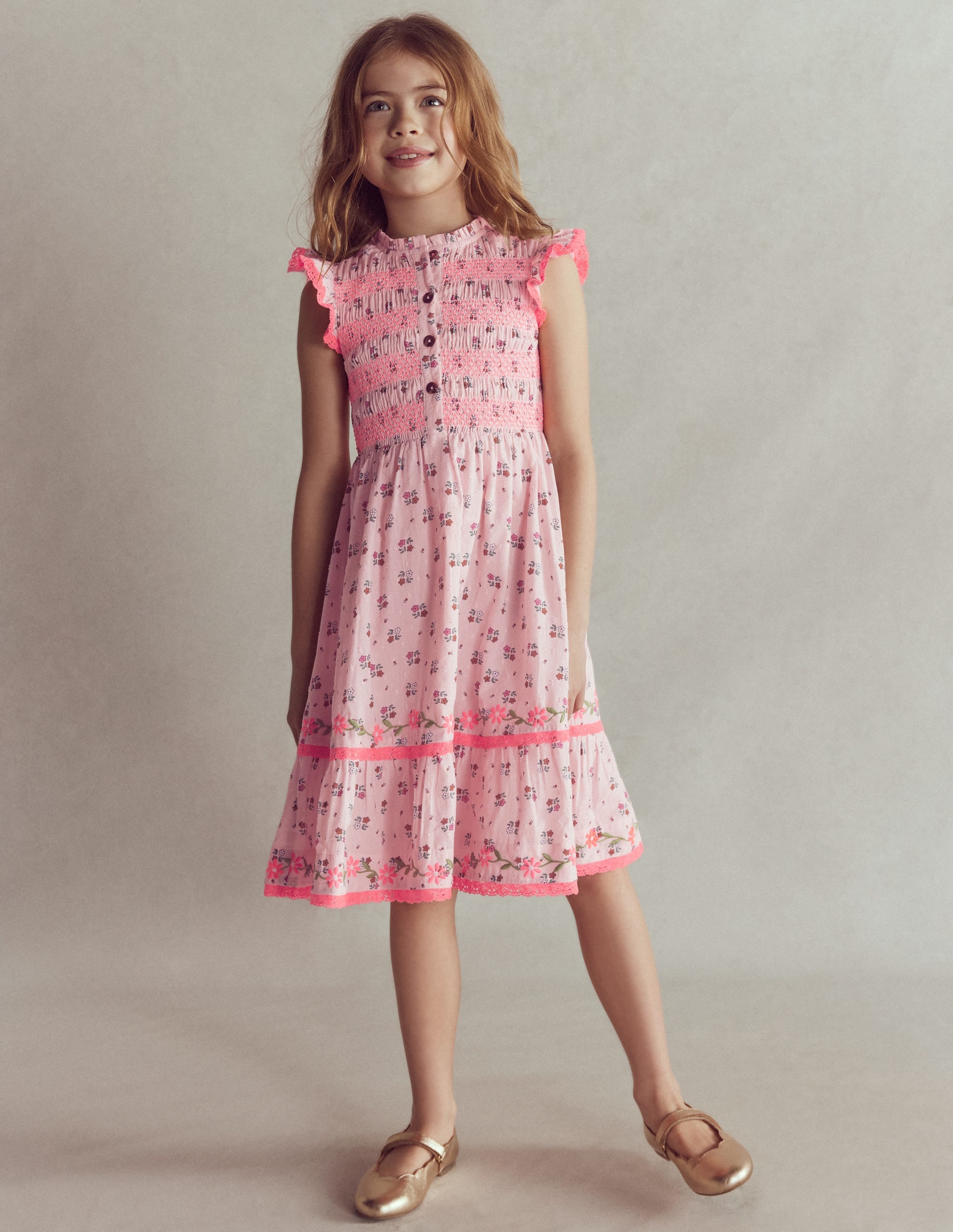 Shirred Bodice Midi Dress-Chalk Pink Daisy Chain - Image 1