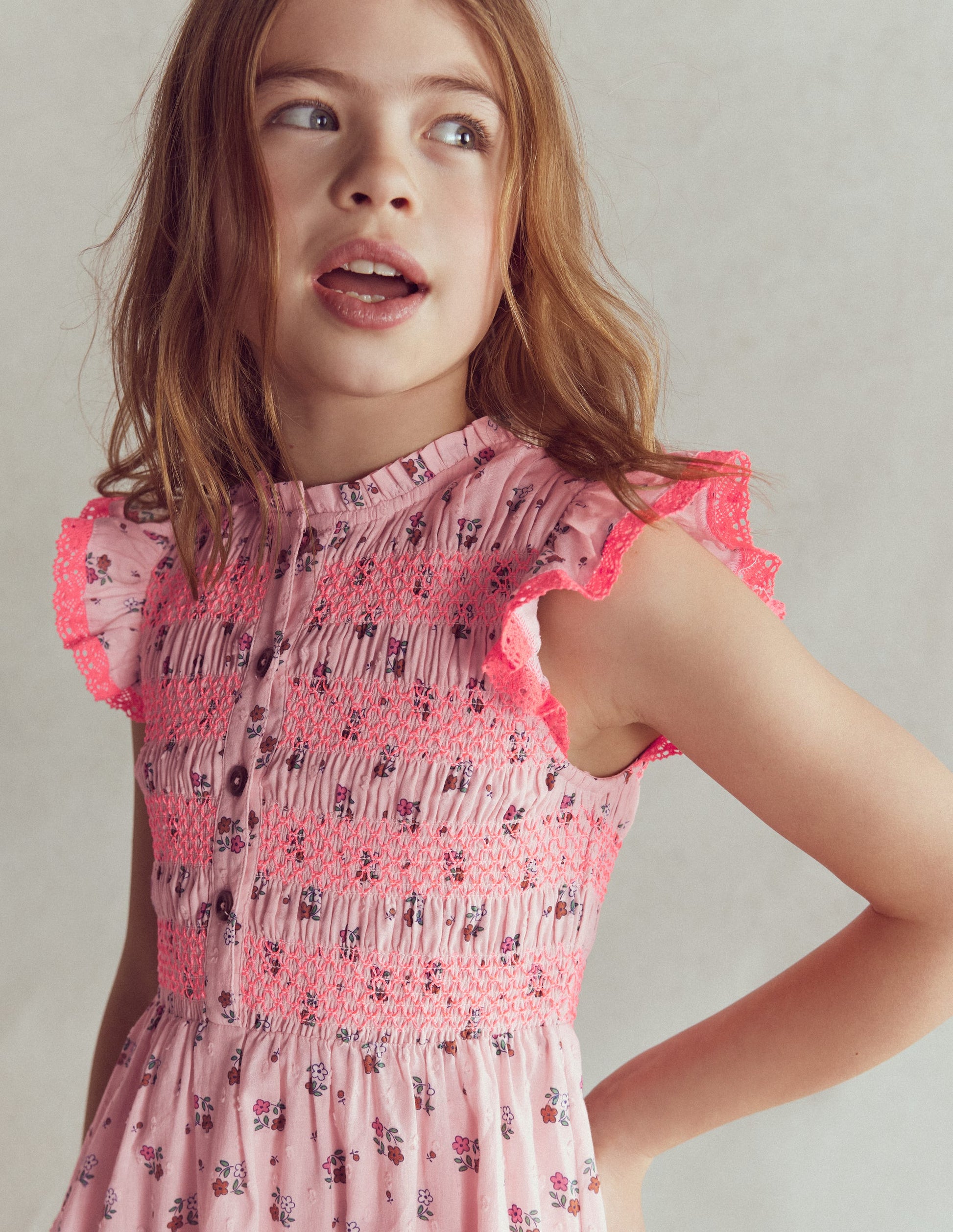 Shirred Bodice Midi Dress-Chalk Pink Daisy Chain-2