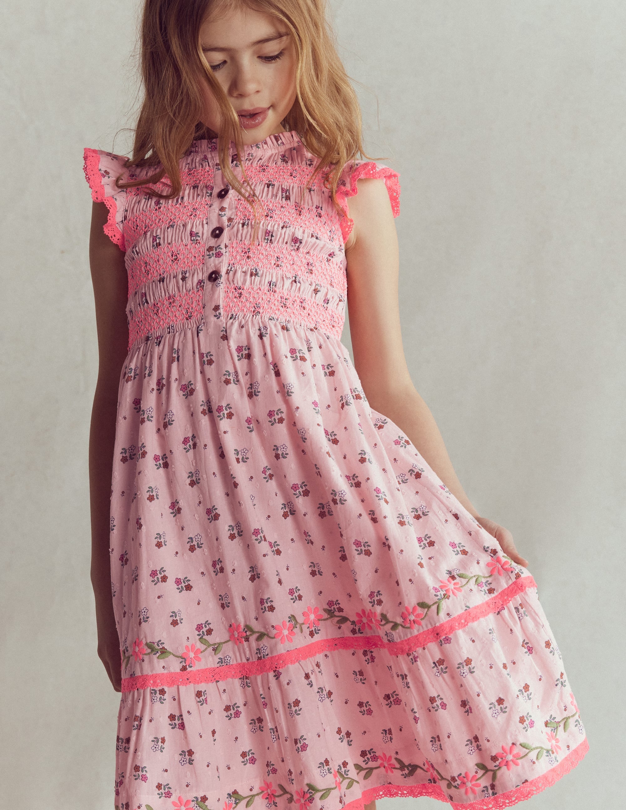 Shirred Bodice Midi Dress-Chalk Pink Daisy Chain - Image 3