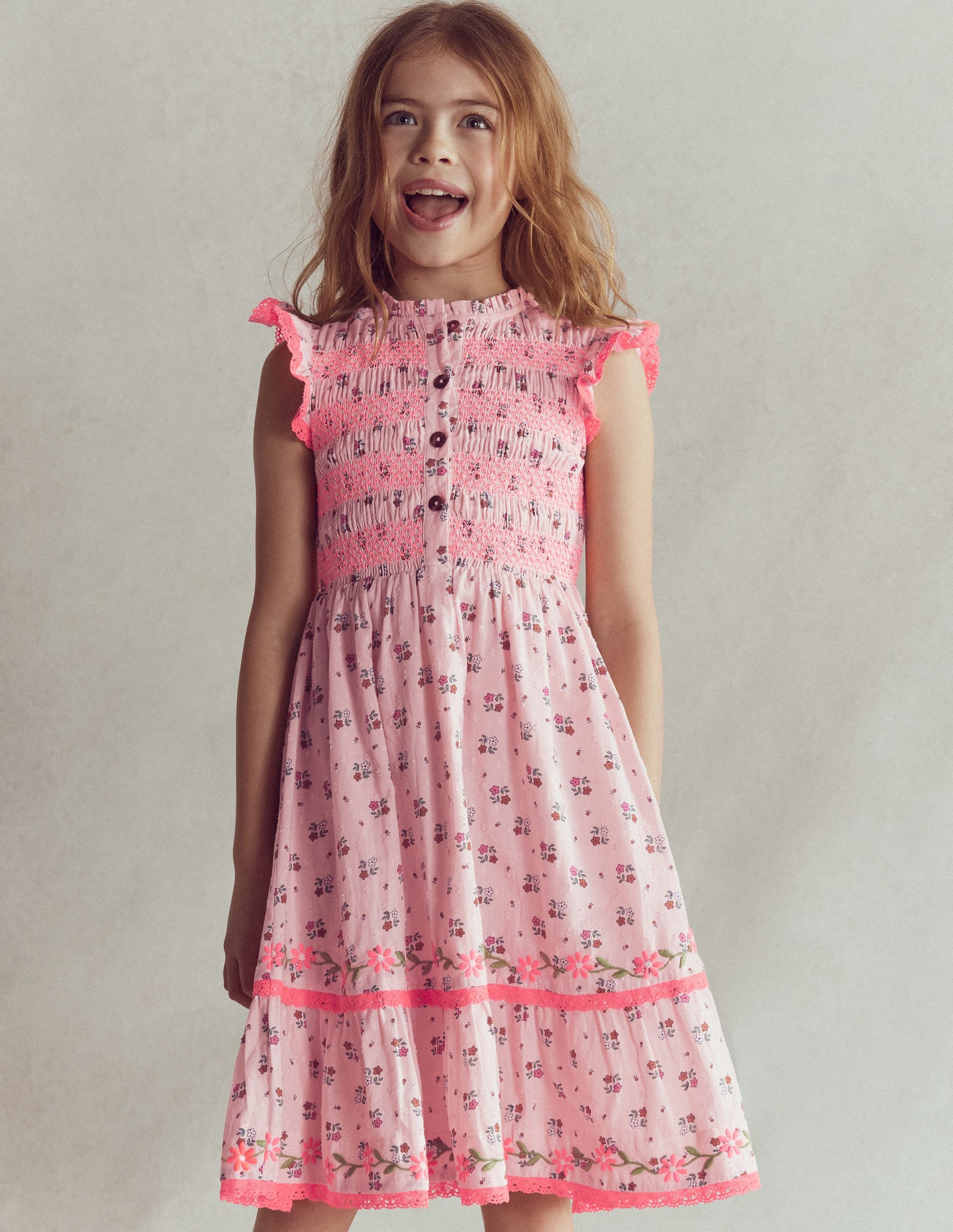 Shirred Bodice Midi Dress-Chalk Pink Daisy Chain-4