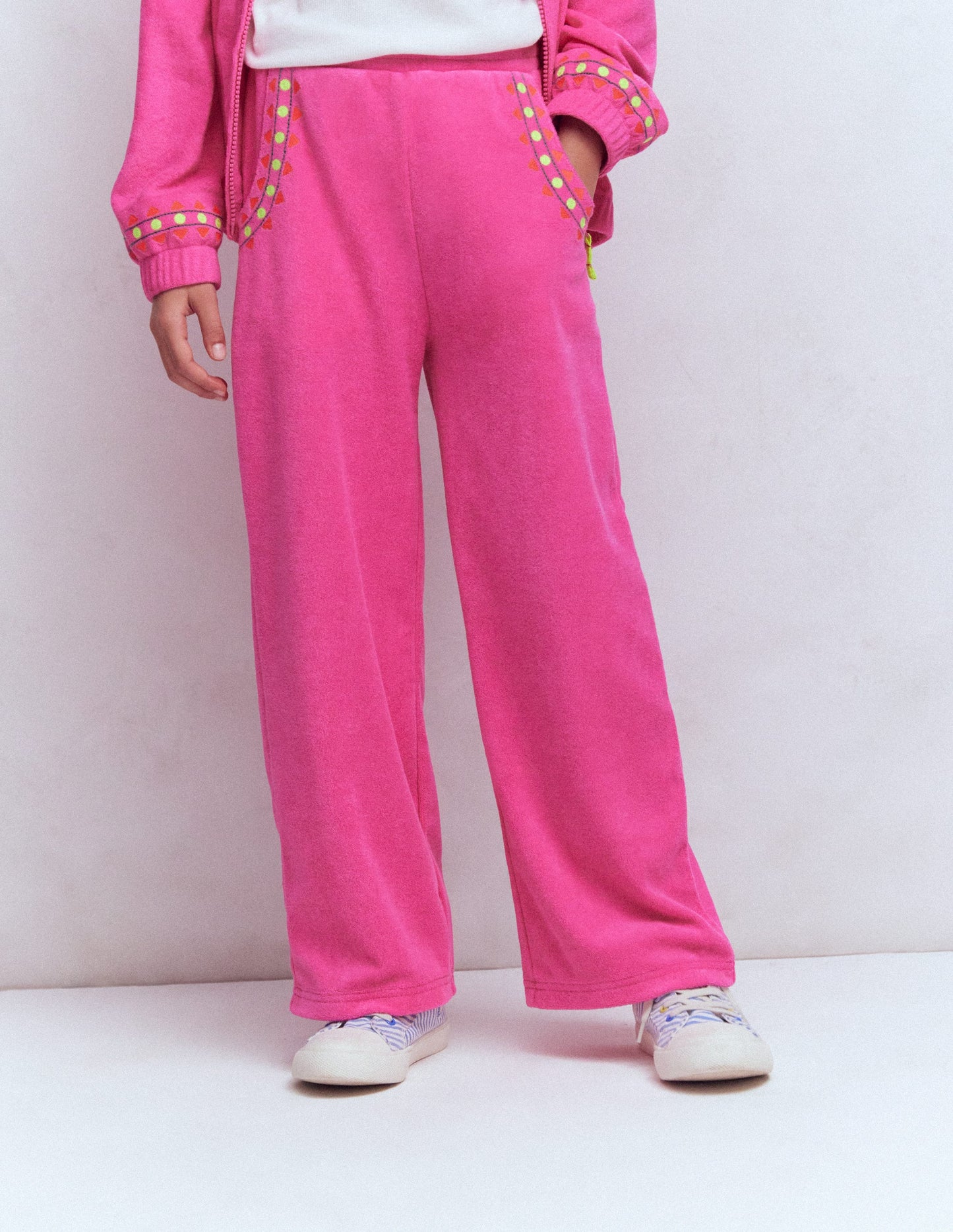 Straight Towelling Trousers-Pink Embroidered