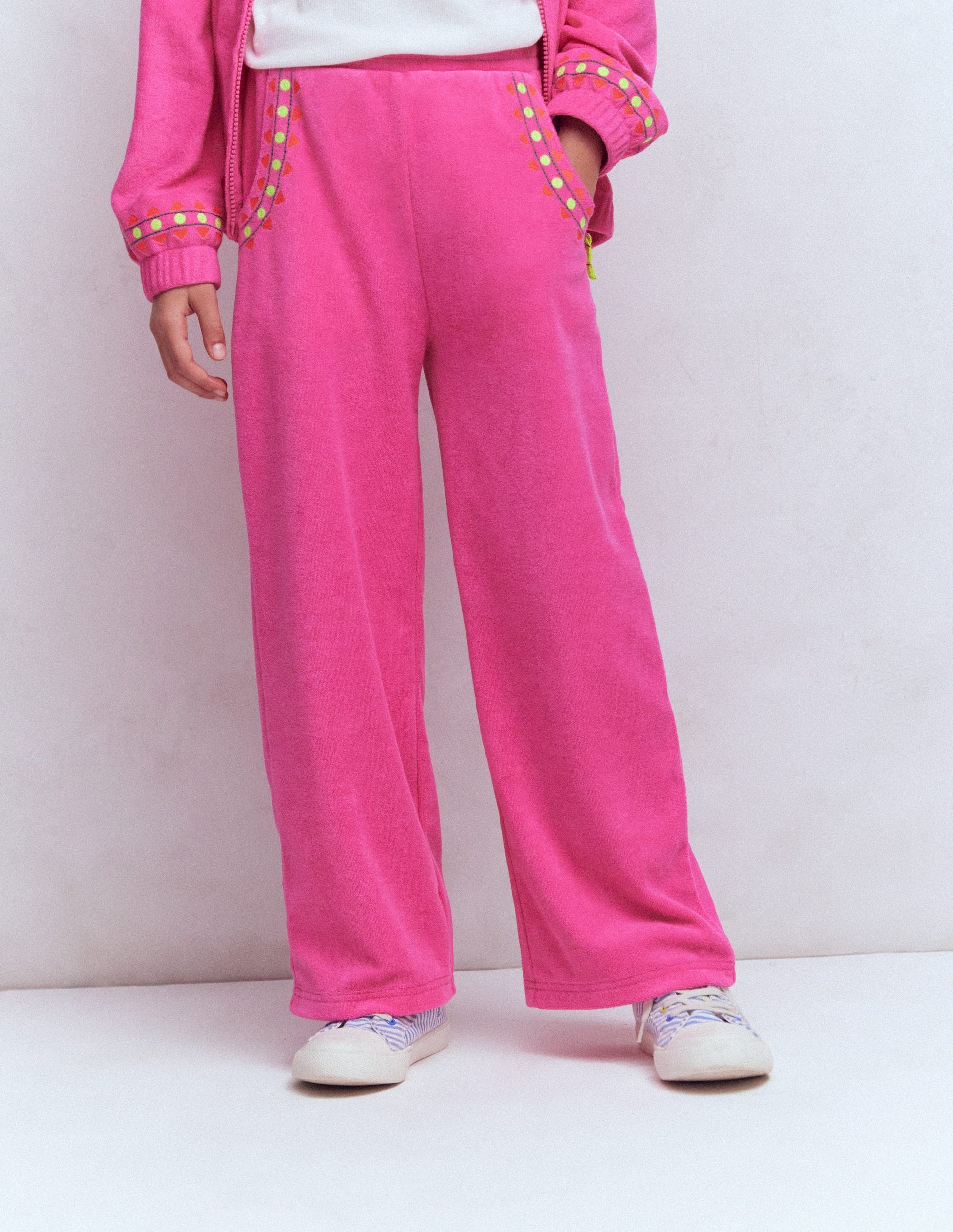 Straight Towelling Trousers-Pink Embroidered-1