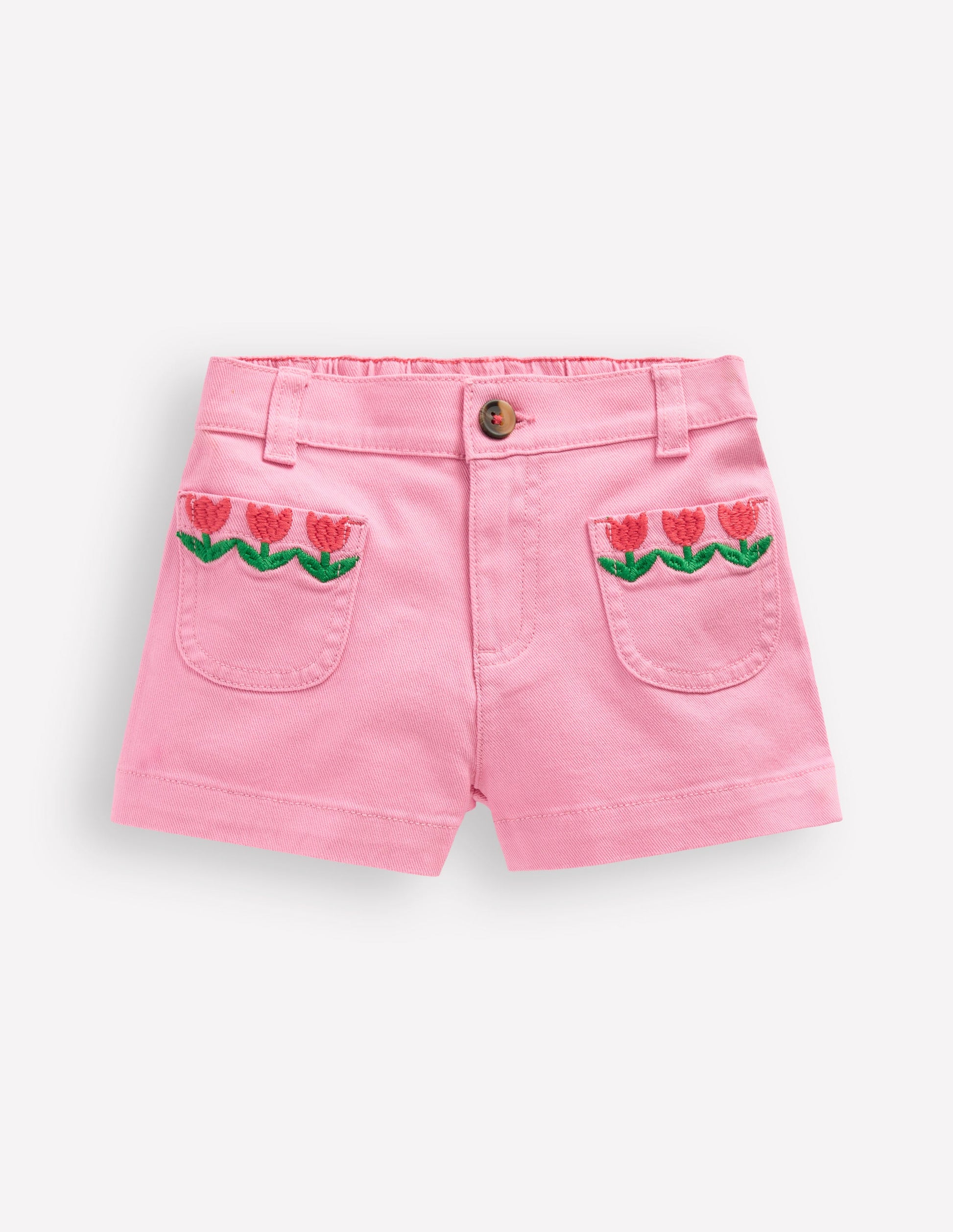 Patch Pocket Shorts-Pink Embroidered Denim-1