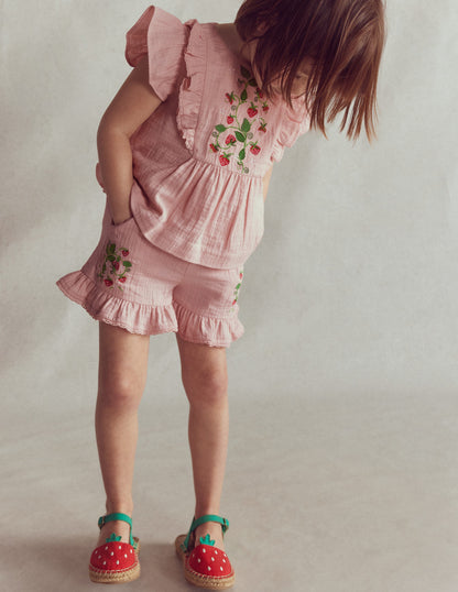 Frill Woven Shorts-Lotus Strawberry-1