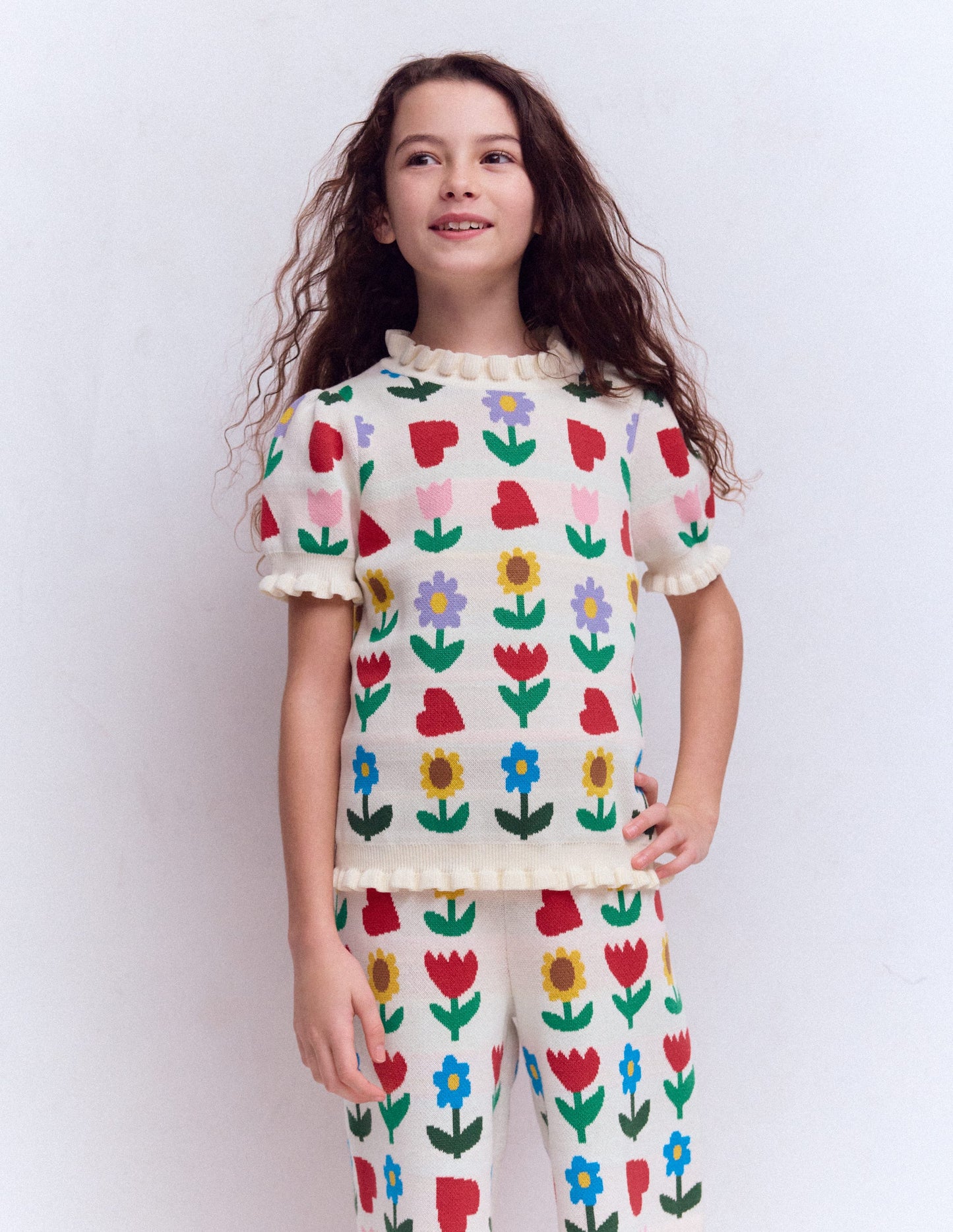 Frill Knitted Top-Ecru Marl Sunflower Garden