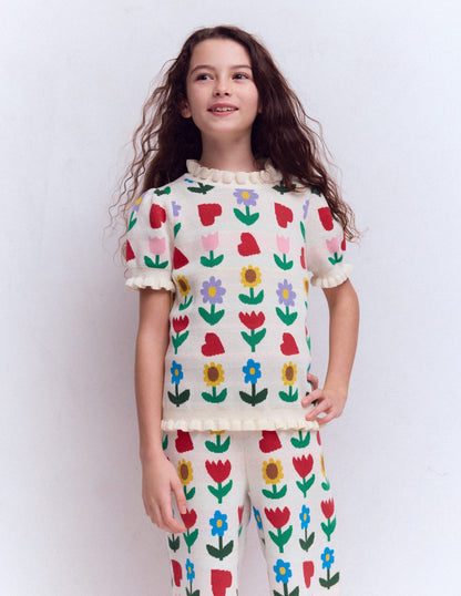 Frill Knitted Top-Ecru Marl Sunflower Garden-2