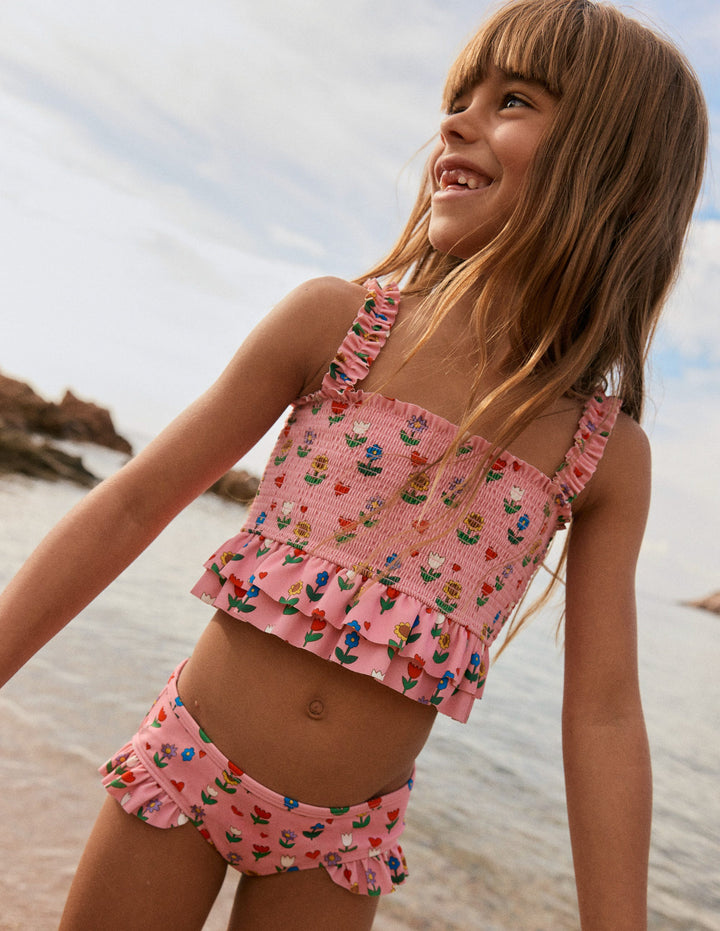 Peplum Smocked Bikini-Almond Pink Sunflower Garden
