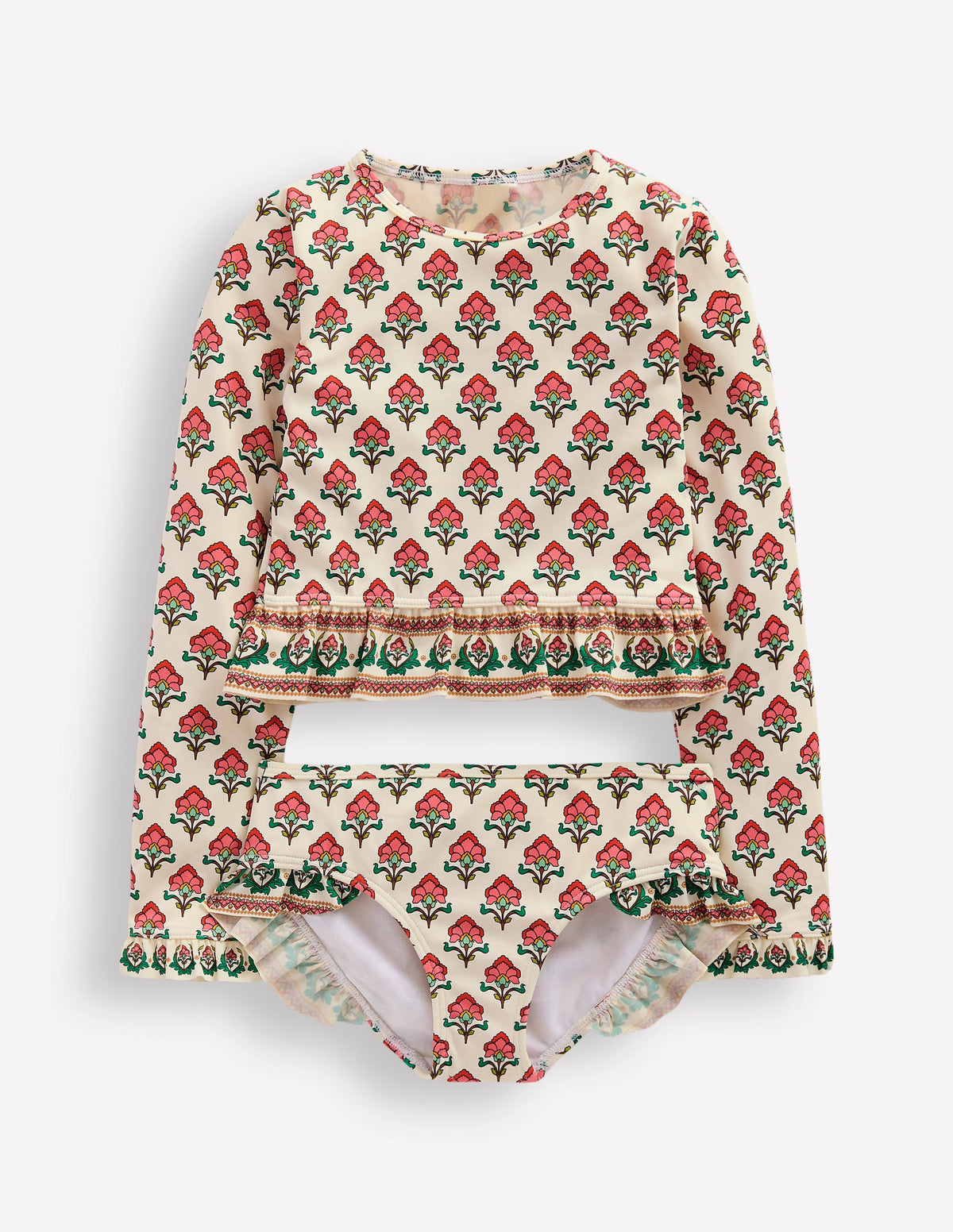 Long Sleeve Frill Set-Soft Ivory Woodblock Flower - Image 1