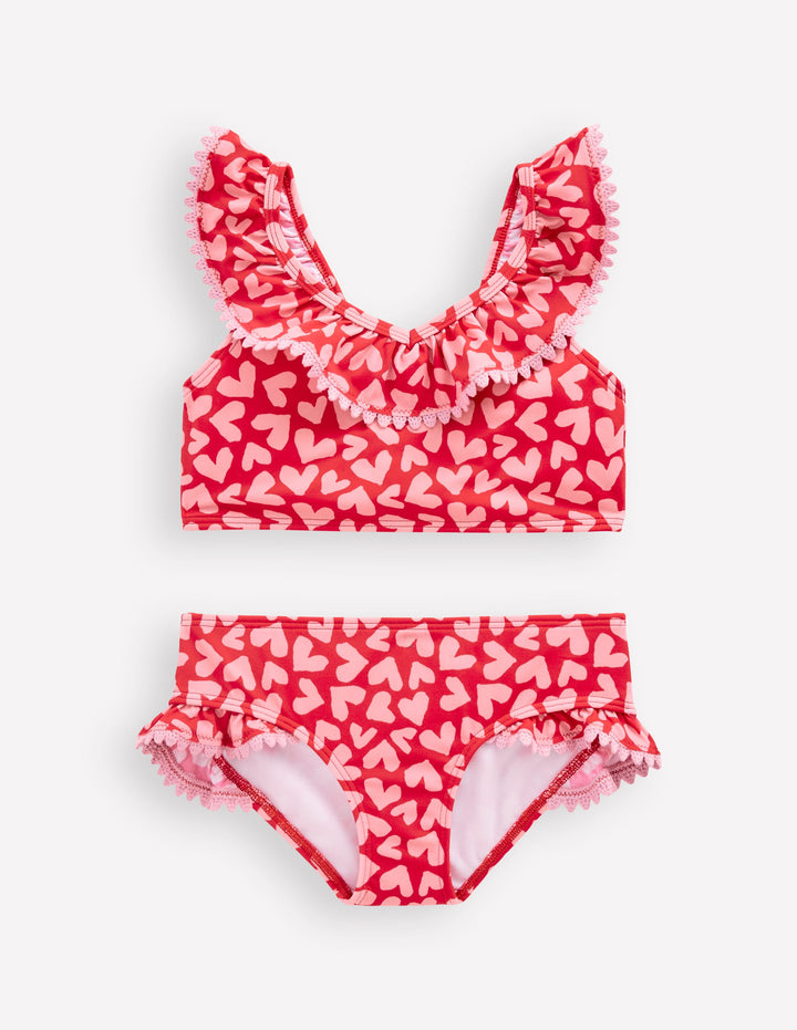 Frill V-neck Bikini Set-Rockabilly Red Collage Hearts