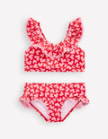 Frill V-neck Bikini Set-Rockabilly Red Collage Hearts