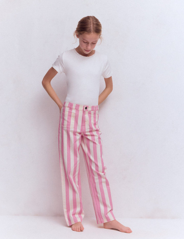 Patch Pocket Straight Jeans-Pink/Ivory Stripe