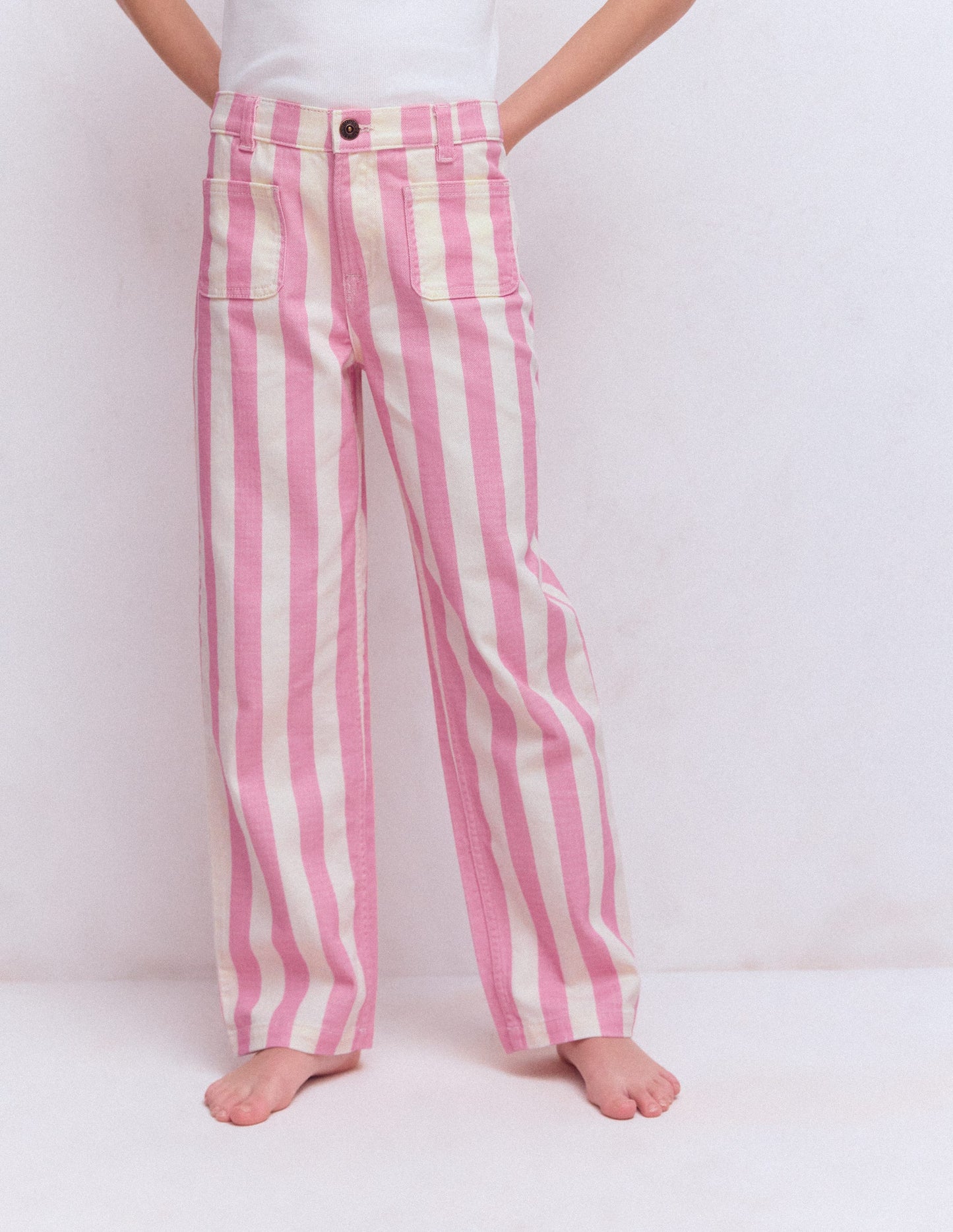 Patch Pocket Straight Jeans-Pink/Ivory Stripe