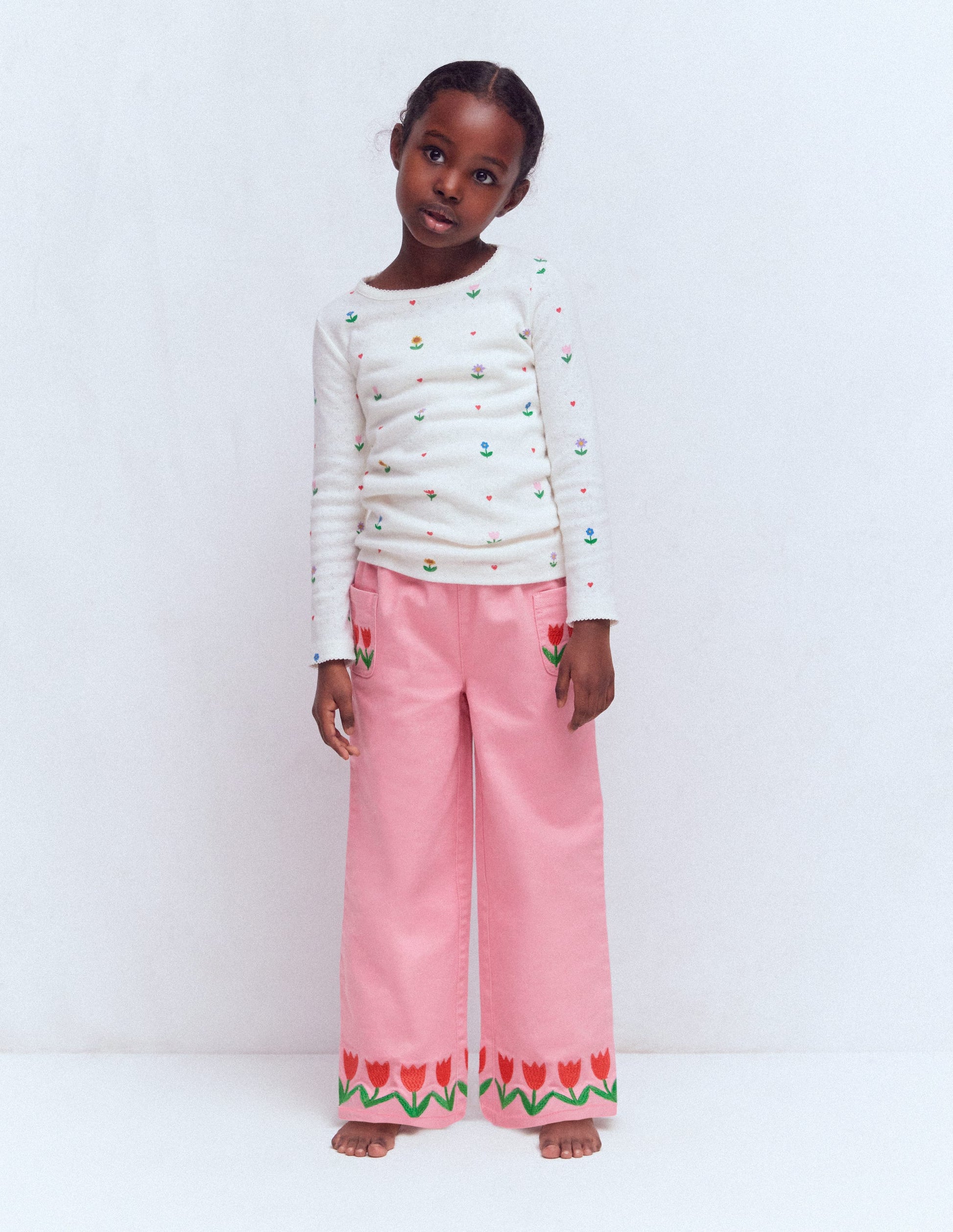 Wide Leg Pull-on Jeans-Pink Tulips-1