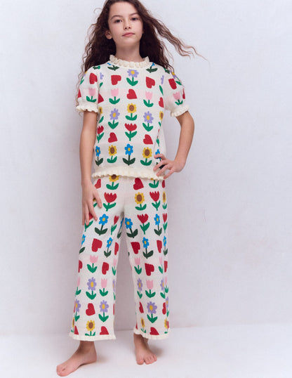 Flared Knitted Trousers-Ecru Marl Sunflower Garden-2